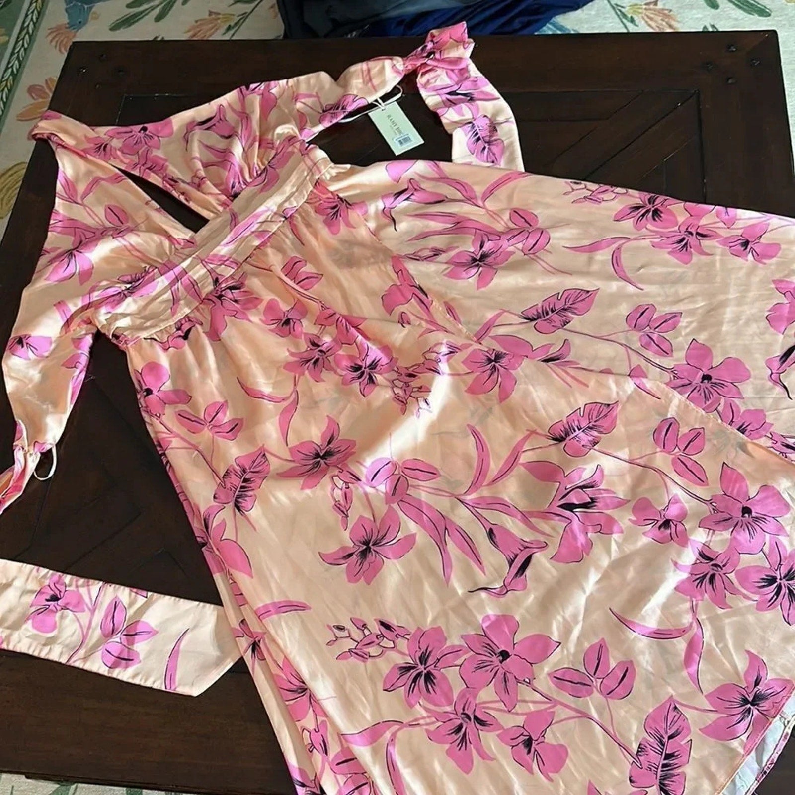 NWT $395 Ramy Brook Women's Pink Luna Floral Halter Neck Satin Dress - size 12