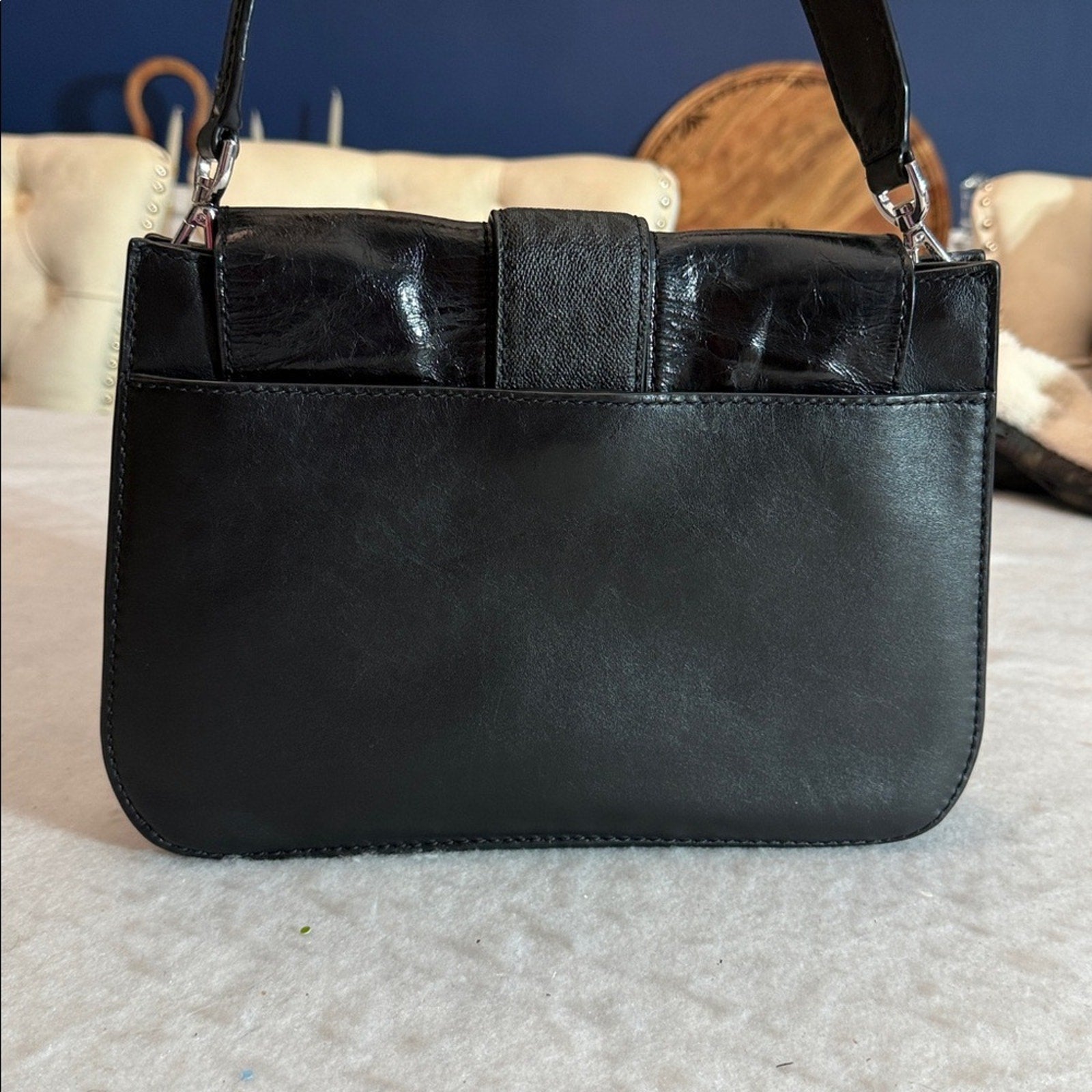 Michael Kors Lillie Signature Polished Top-Handle Satchel (Black/Silver)