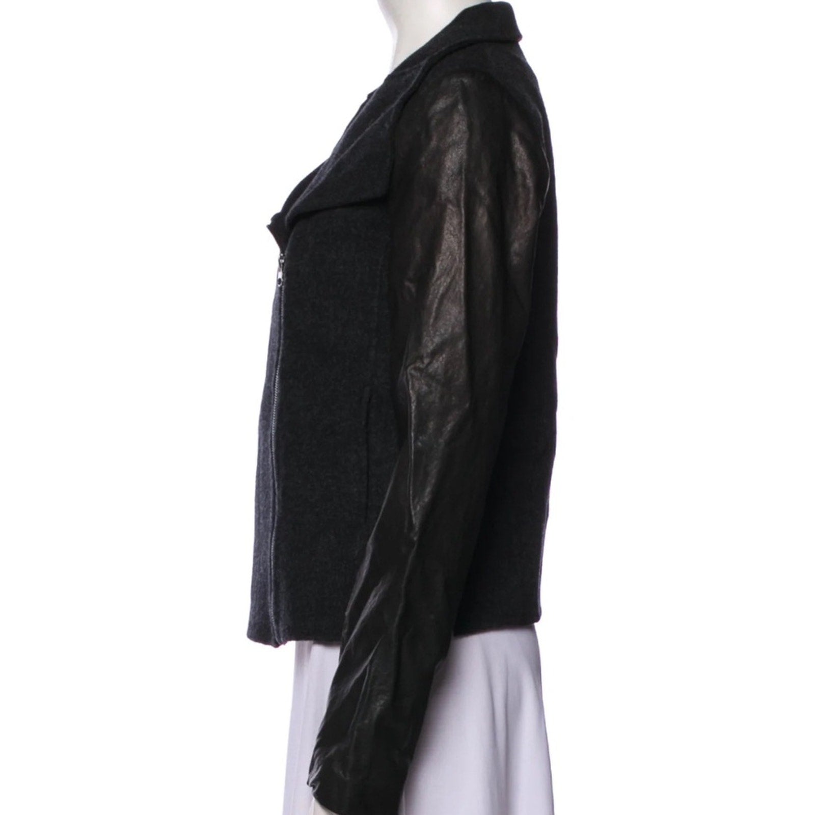 Vince Wool Blend Funnel Neck Jacket with Leather Sleeves - size M