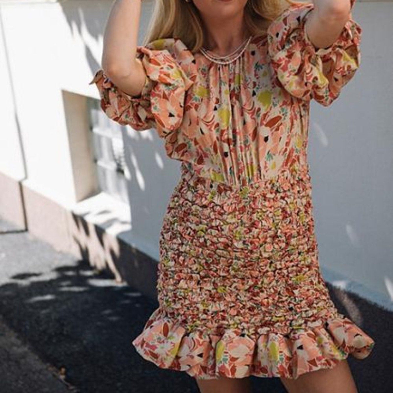 NEW BYTIMO Shirred floral-print satin-crepe mini dress - size XS