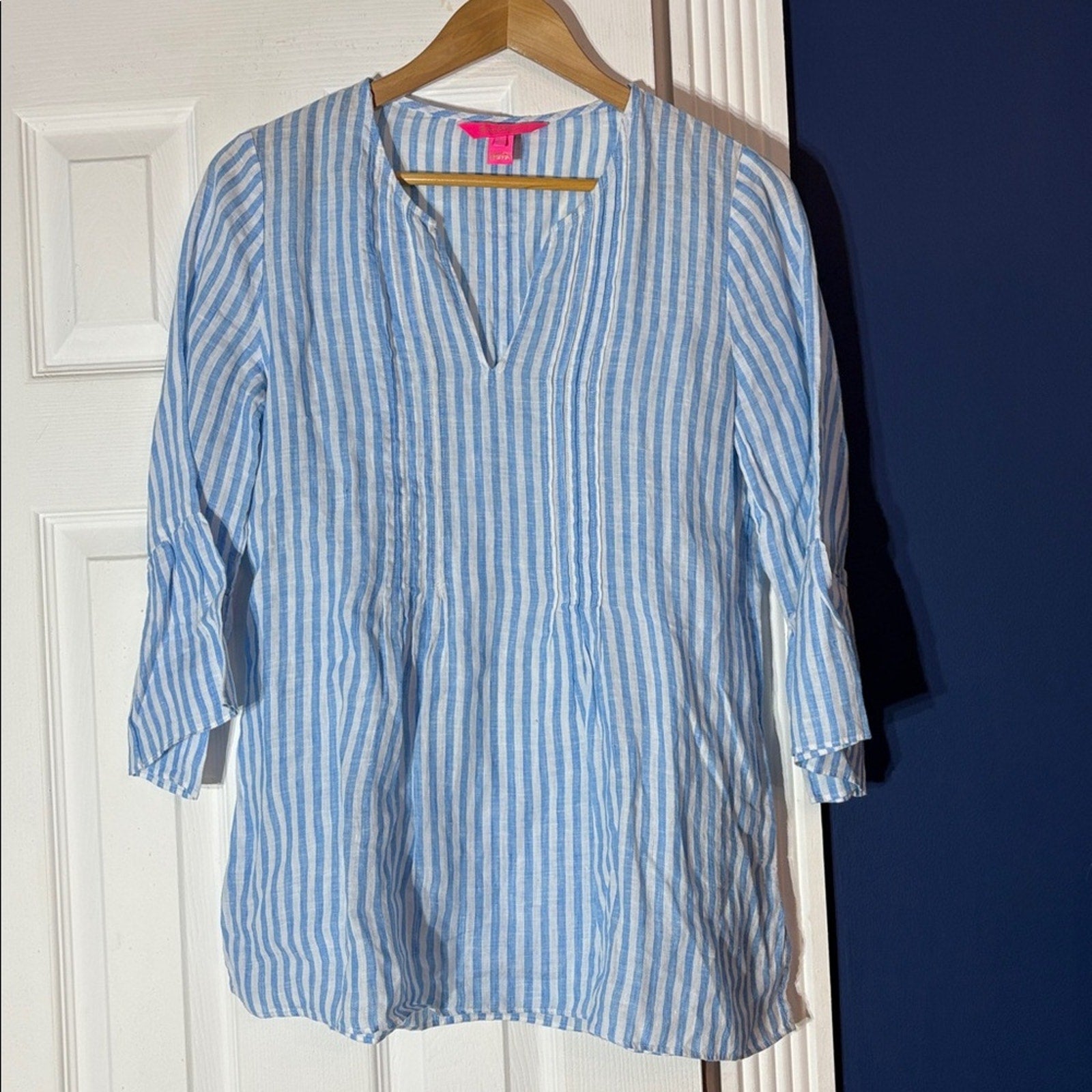 Lilly Pulitzer Hollie Linen Tunic Lunar Blue Bimini Stripe Coastal - size small