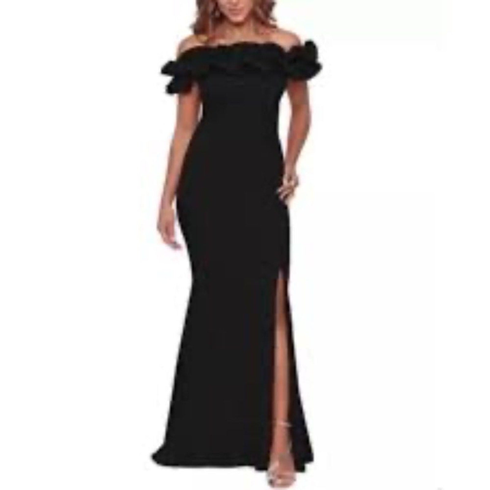 NEW XSCAPE Ruffle Off the Shoulder Scuba Crepe Gown