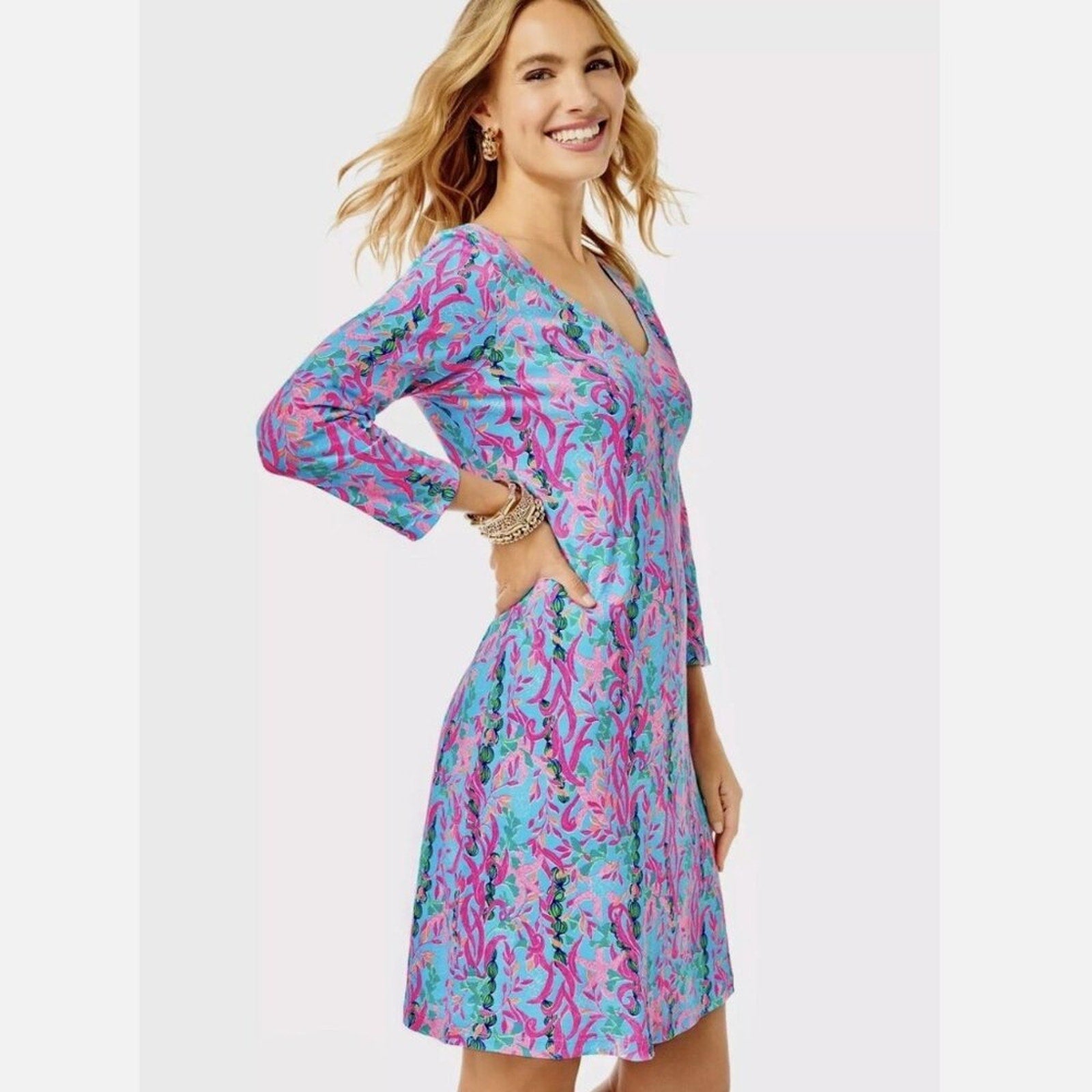Lilly Pulitzer Tessa Multi Seaweed Samba Pima Knit V-Neck Shirt Dress - XS