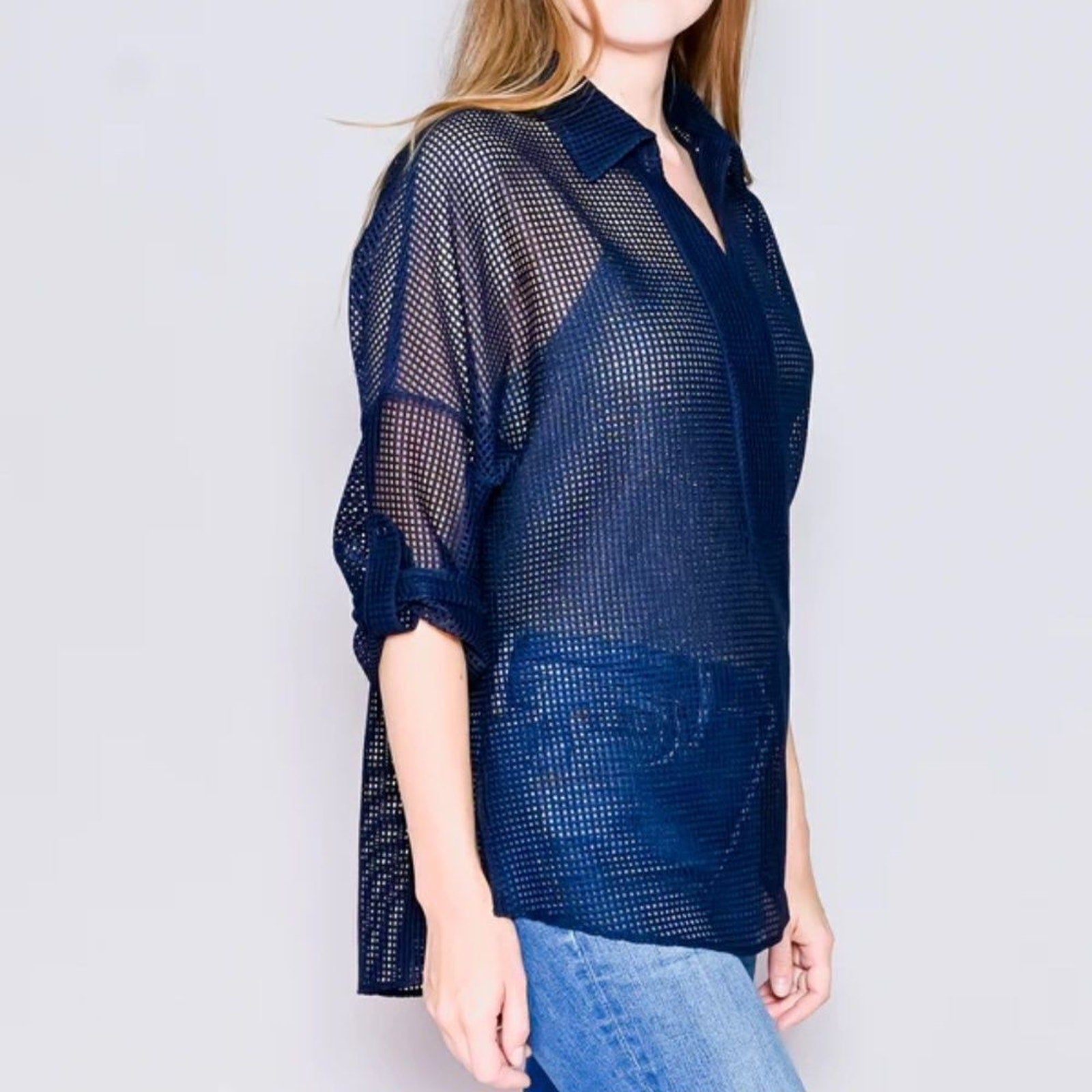 NWT AKRIS PUNTO Navy Blue Grid Mesh Blouse - size 10
