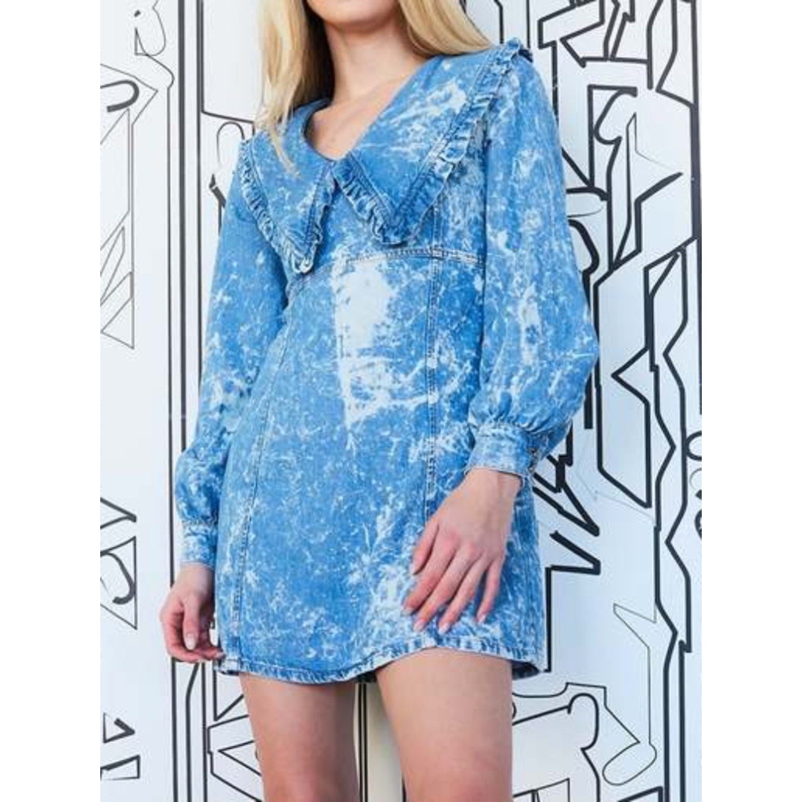 Ganni Women's Acid Wash Denim Mini Dress with Collar - size 40 (large)