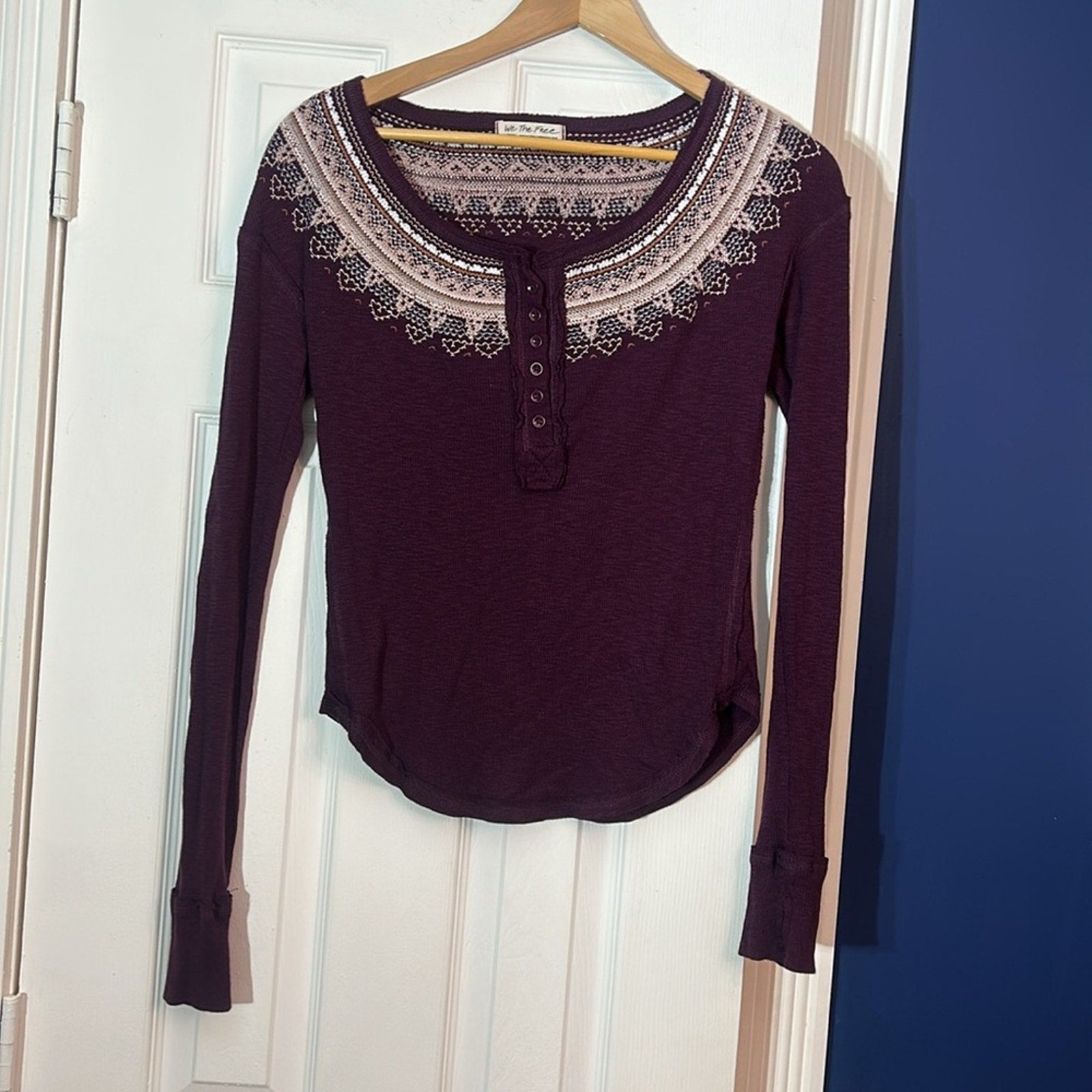 FREE PEOPLE We The Free Fair Isle Purple Embroidered Thermal Top - Size Small