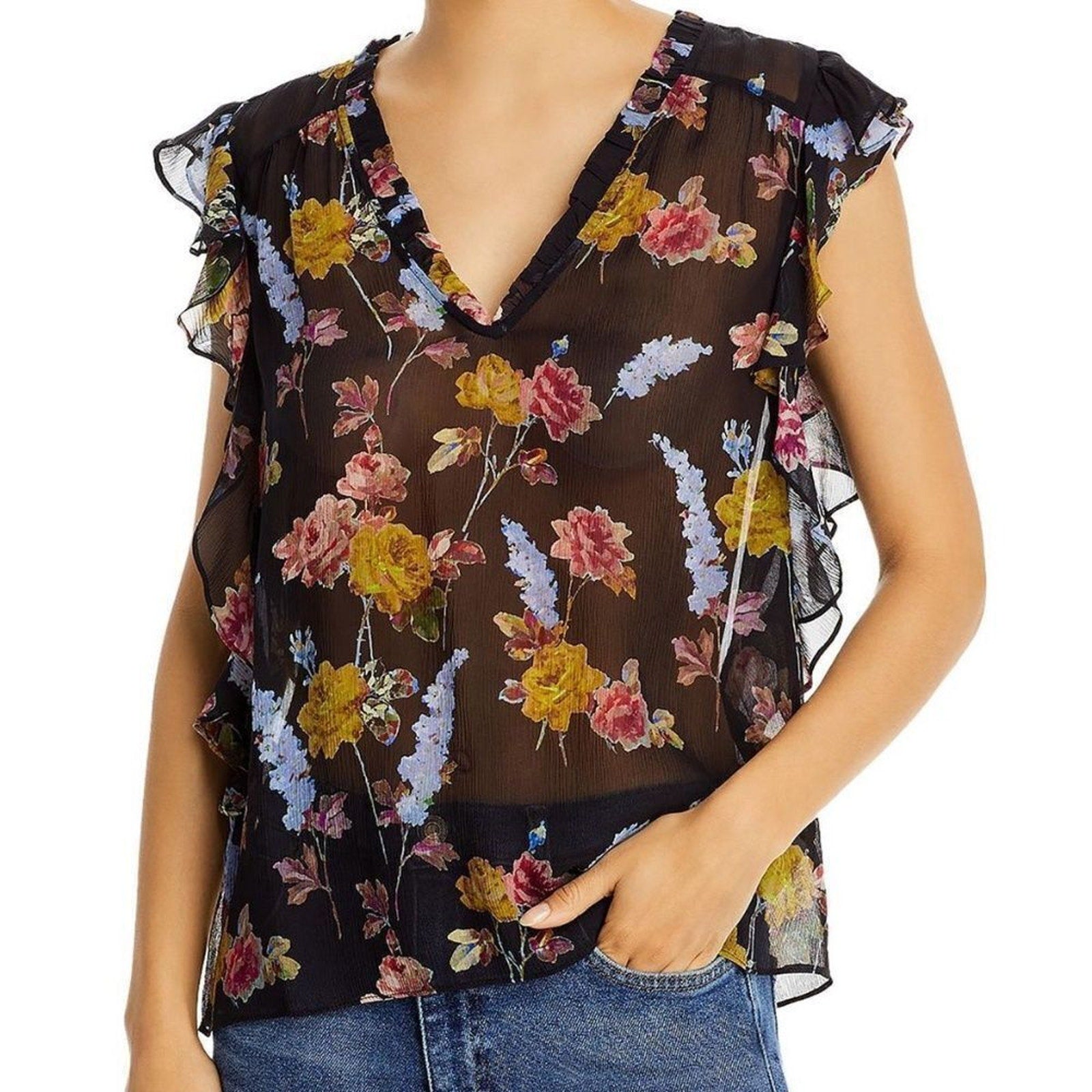 NEW PAIGE  Silk Ruffled Blouse - Multi - size XS