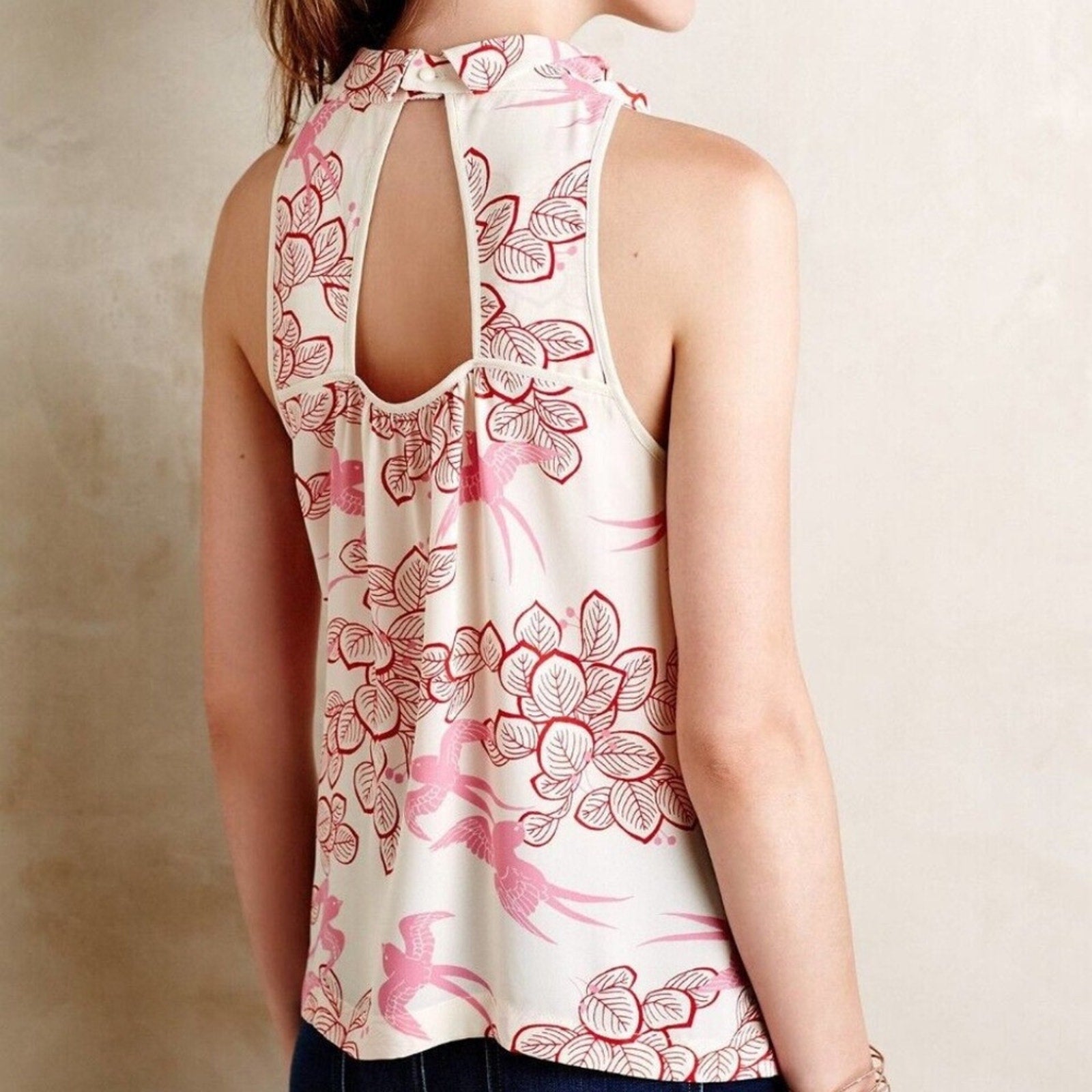 Maeve Anthropologie Elata Pink Bird Floral Leaf Print Sleeveless Blouse - size 0