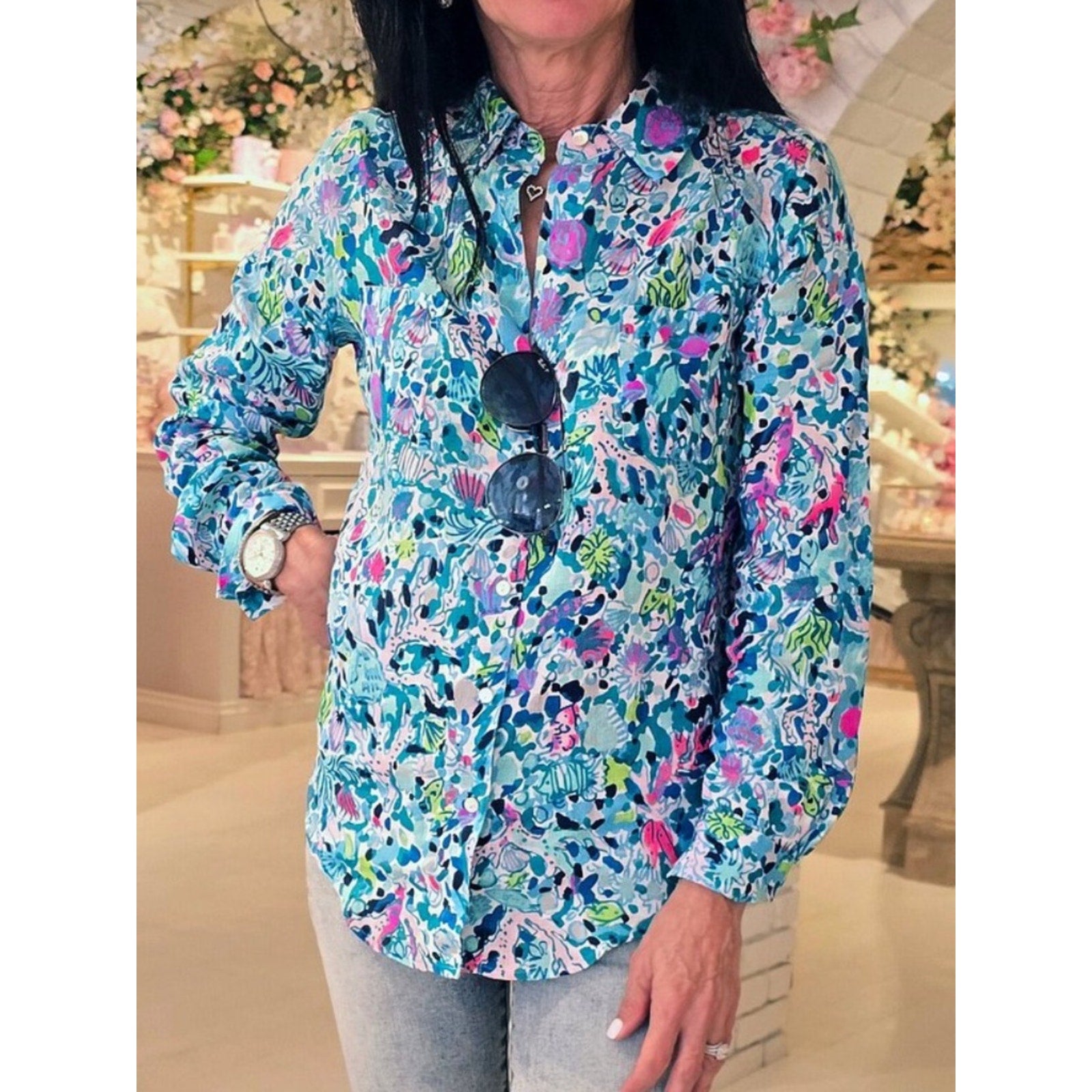 Lilly Pulitzer Sea View Linen Button Down Top Blue Multi Dive Bar - Large 🌟