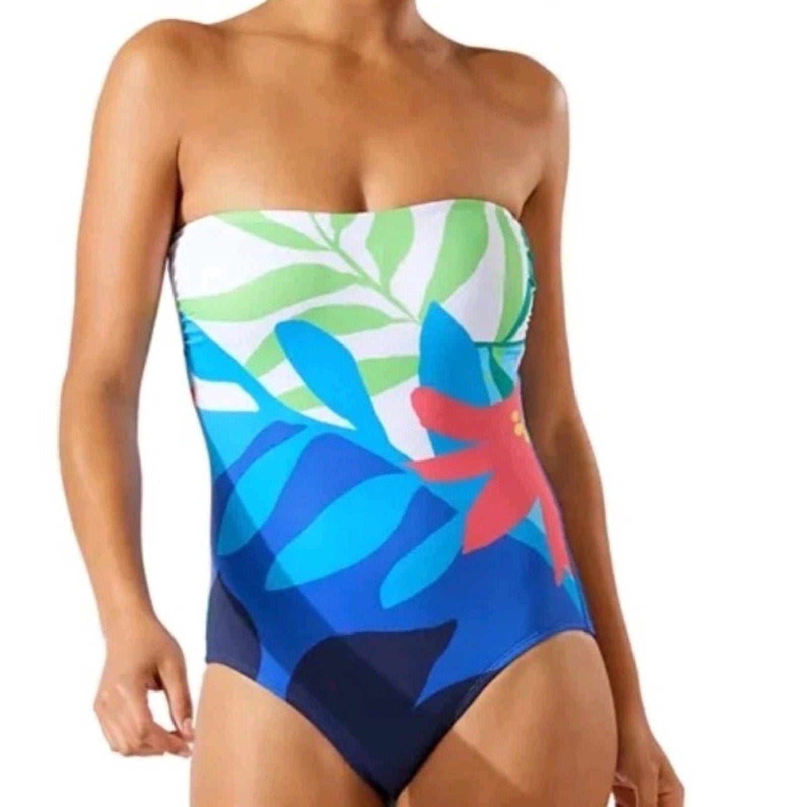 Tommy Bahama White Paloma Palms Bandeau One-Piece Swimsuit Tropical - size 4 NEW