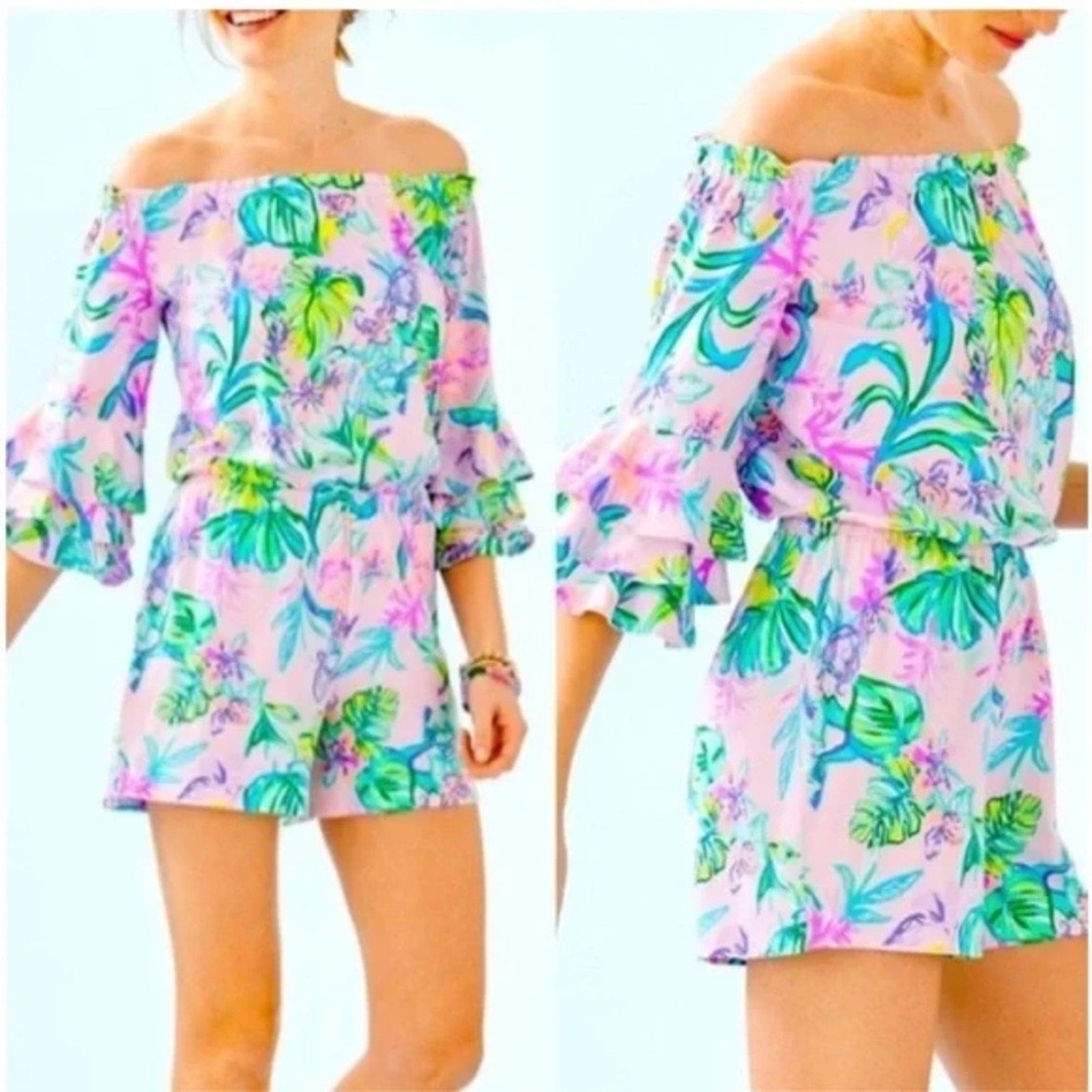 LILLY PULITZER Romper Pink Lime-Green”Calla”Off/On-Shoulder Ruffle Flounce - XS