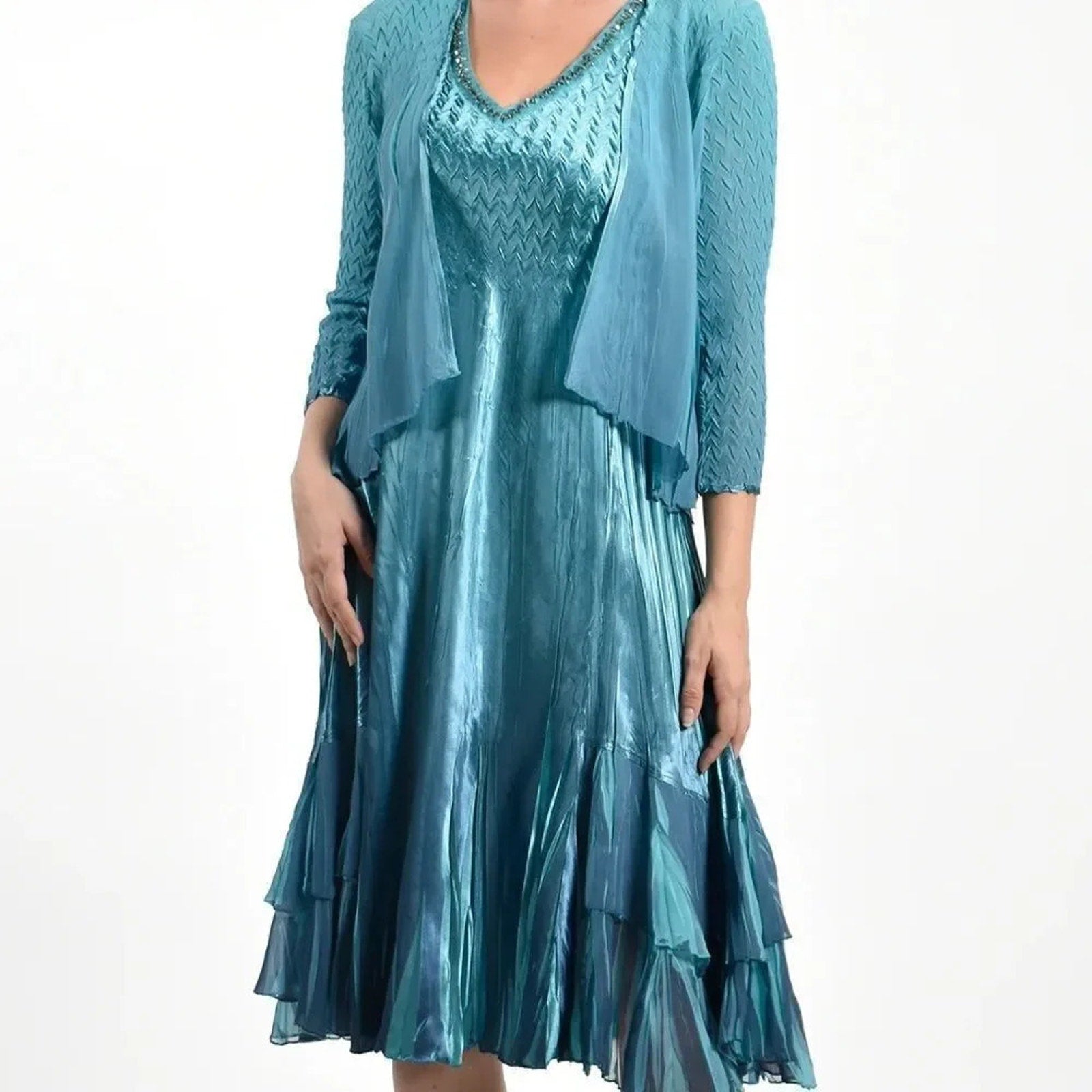 NWT Komarov Blue Ombre Beaded Charmeuse and Chiffon Tier Dress - size Small