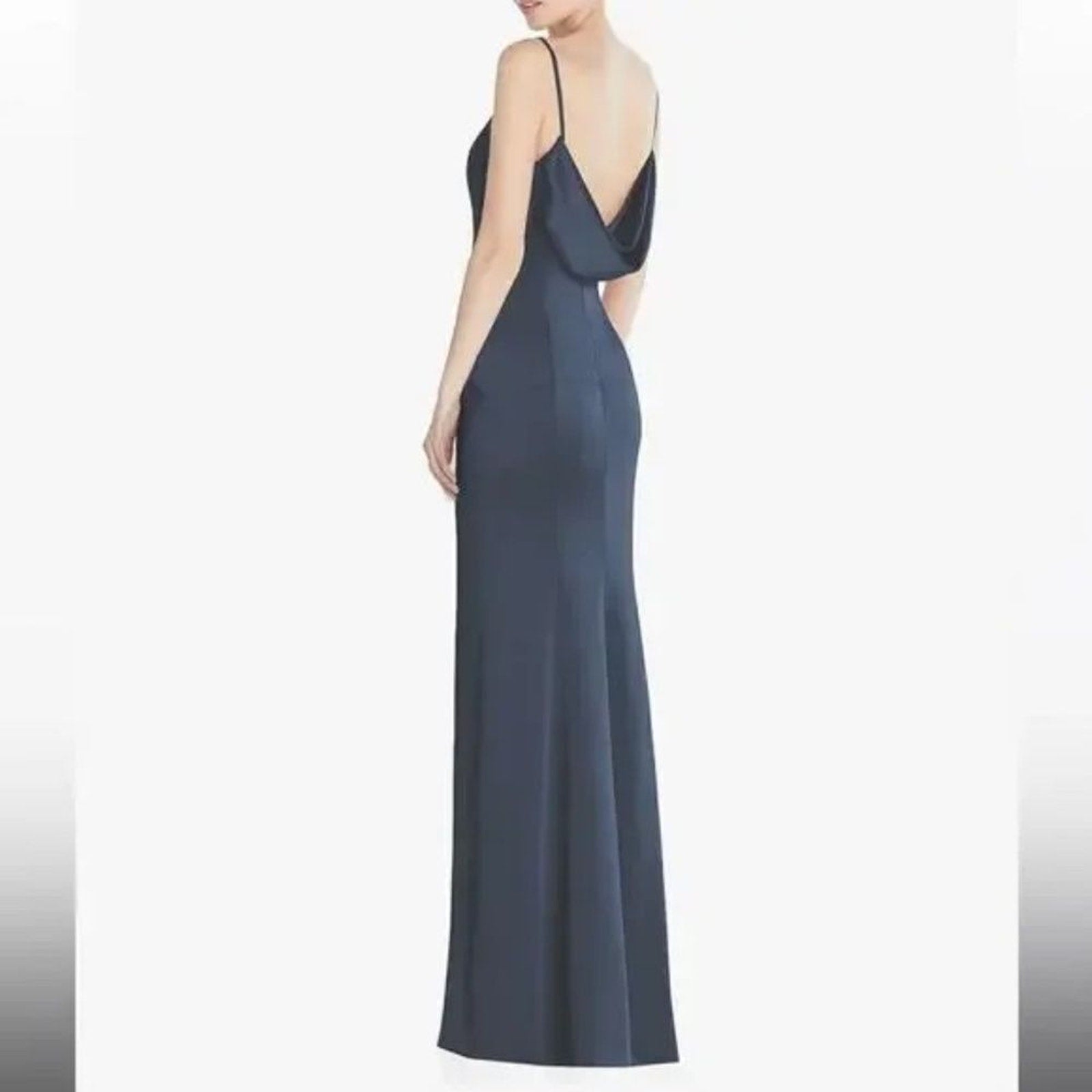 NEW After Six Draped Cowl-Back Princess Line Dress With Front Slit Midnight Navy