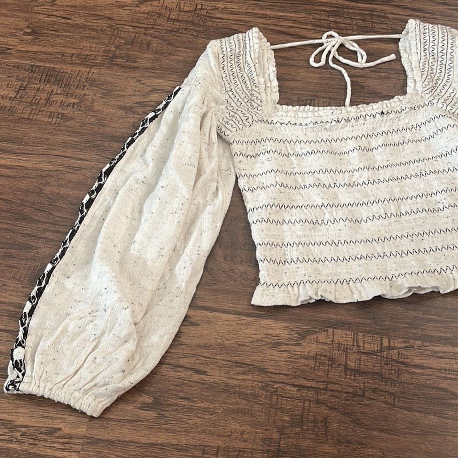 NWOT Free People Maggie Embroidered Top Crochet Long Sleeve Smocked Blouse - S
