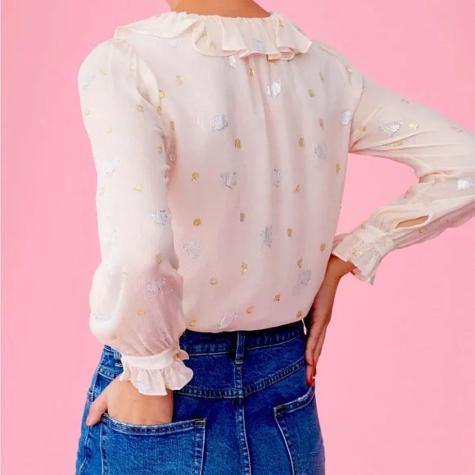 Rebecca Taylor Silk Floral Scattered Tulip Clip Ruffle Metallic Peasant Top - 12