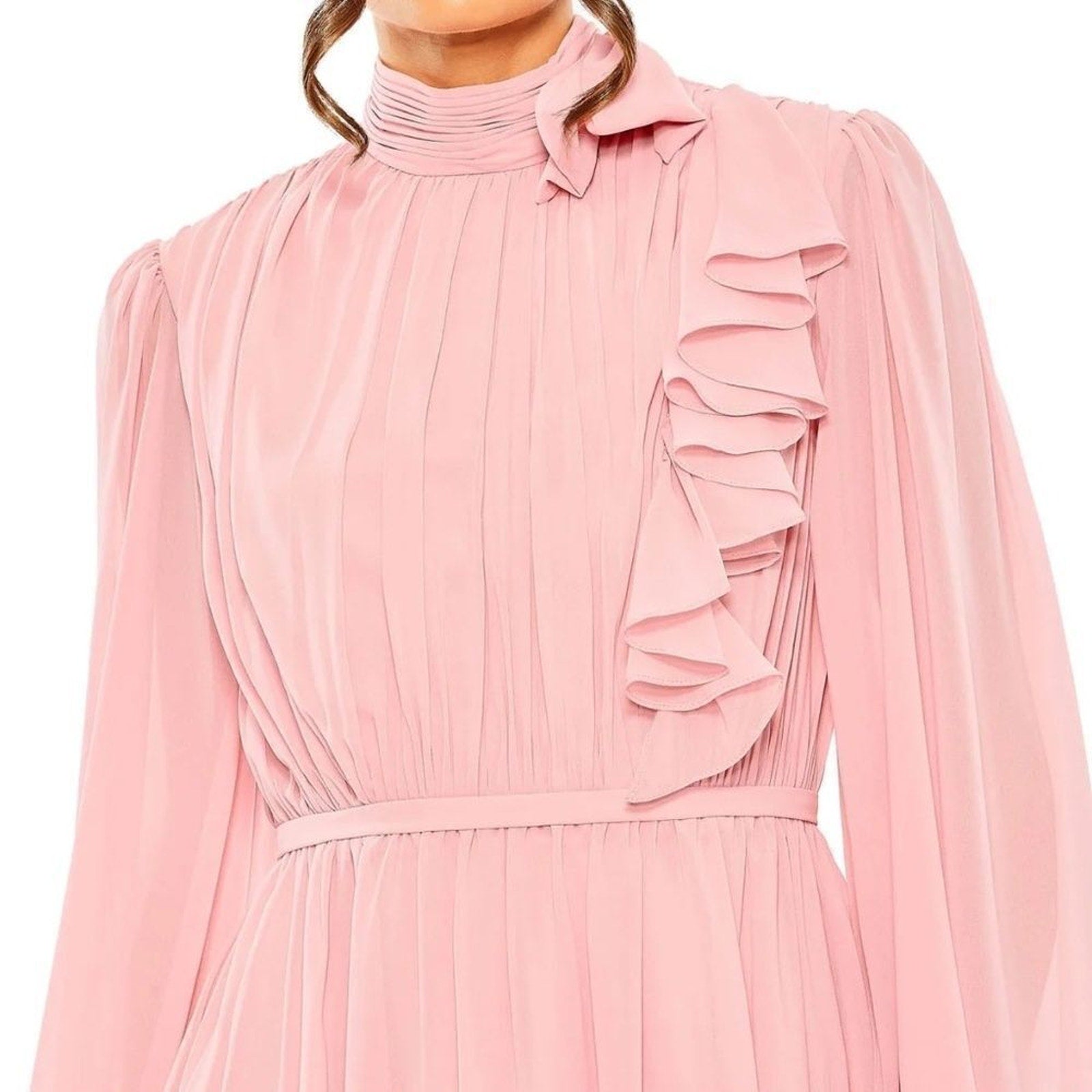 NWT Mac Duggal 55878 Mock Neck Long Sleeve Ruffle Dress Pink - size 2