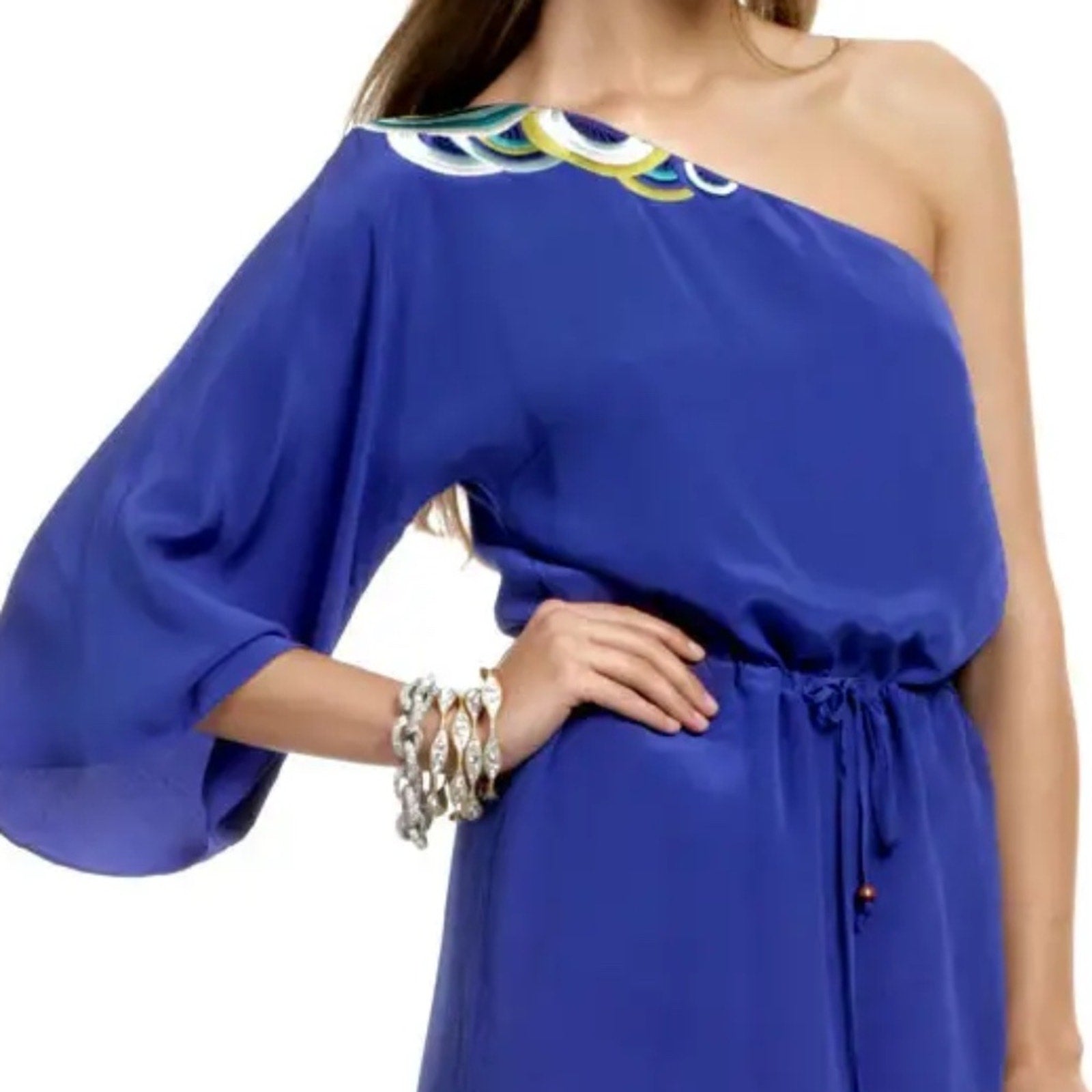 Trina Turk Santa Cruz Silk Sun Dress One Shoulder Embroidered Blue - size 6