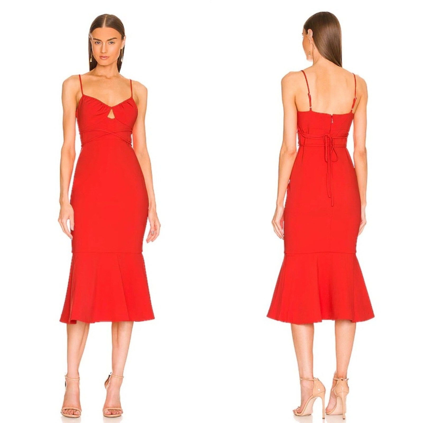 NEW Likely Kiki Cut-Out Ruffle Midi Dress in Bittersweet Red - size 0