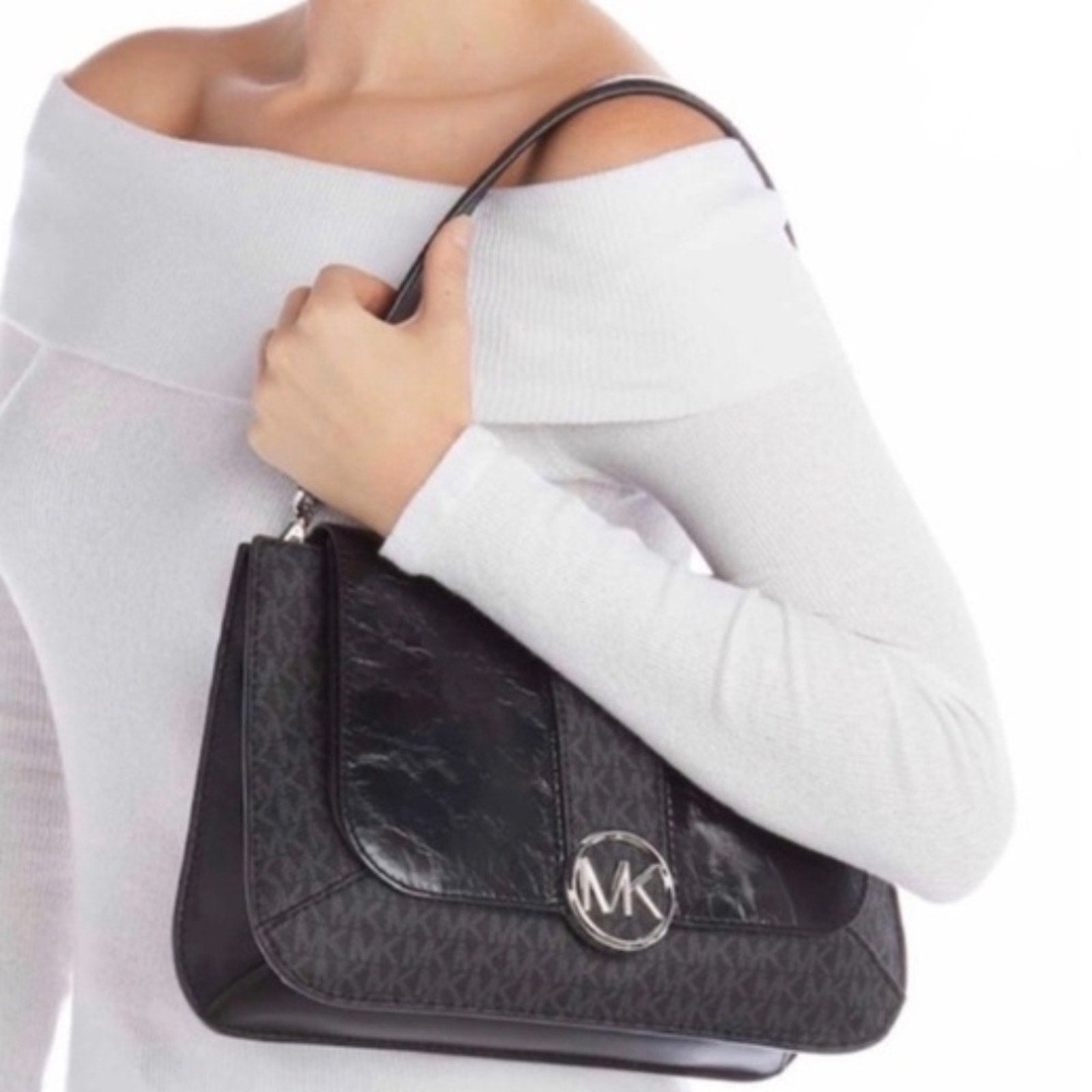 Michael Kors Lillie Signature Polished Top-Handle Satchel (Black/Silver)