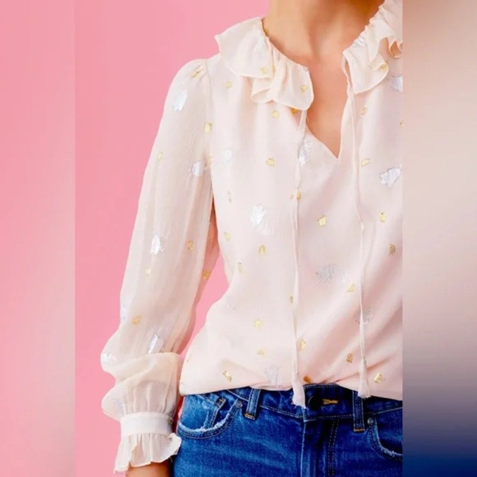 Rebecca Taylor Silk Floral Scattered Tulip Clip Ruffle Metallic Peasant Top - 12