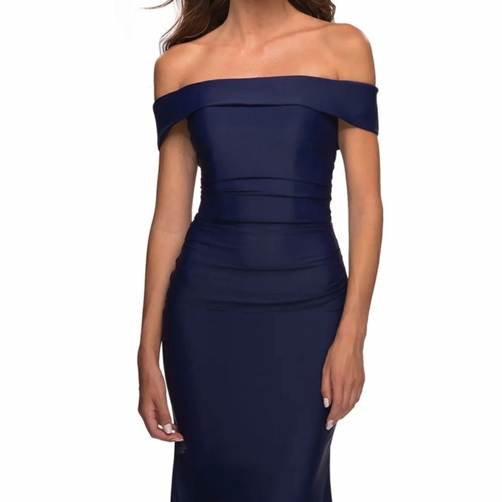 NWT La Femme 30422 Off the Shoulder Elegant Long Evening Gown Navy size 8