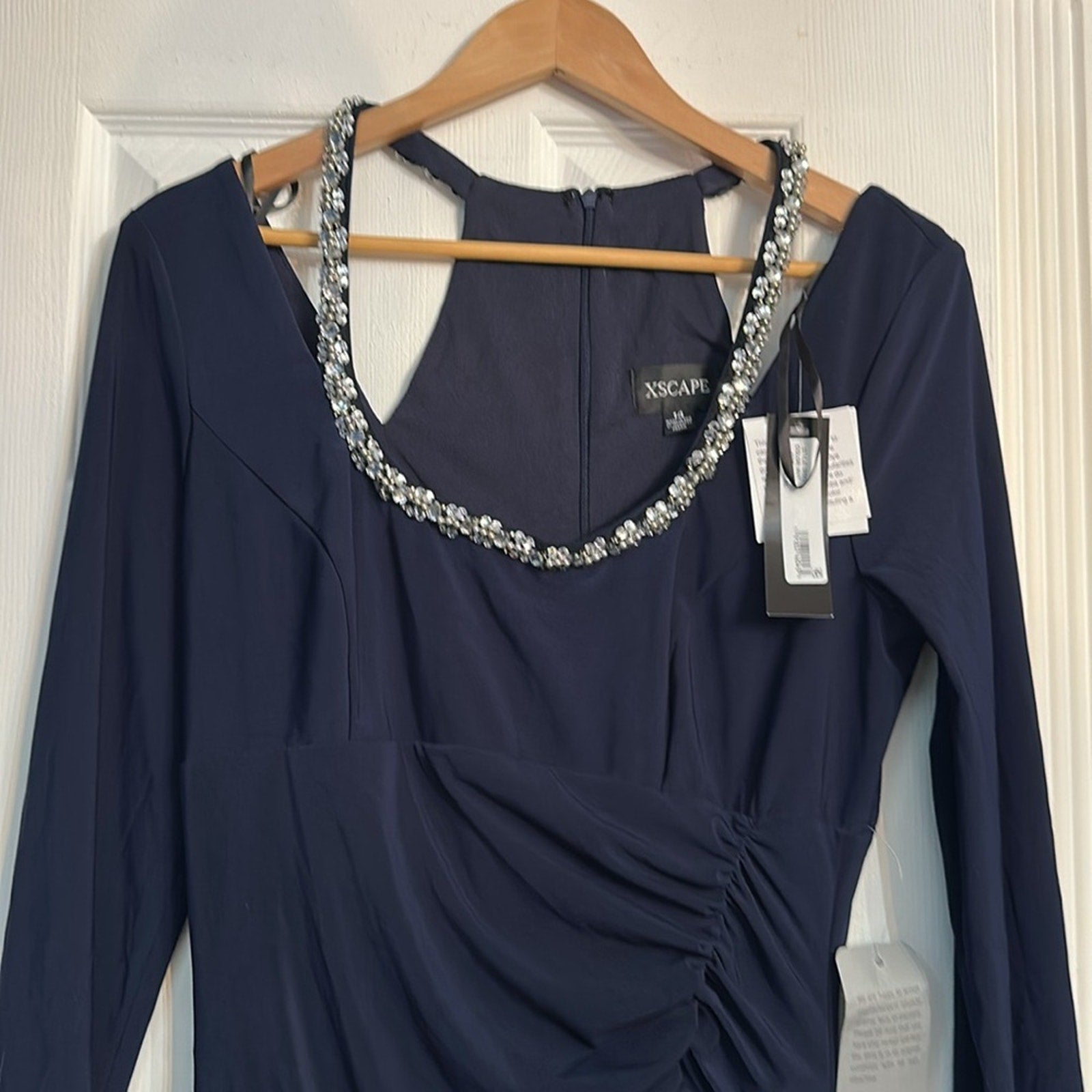 NWT Xscape Crystal Trim Long Sleeve Gown in Navy 5721X - size 14