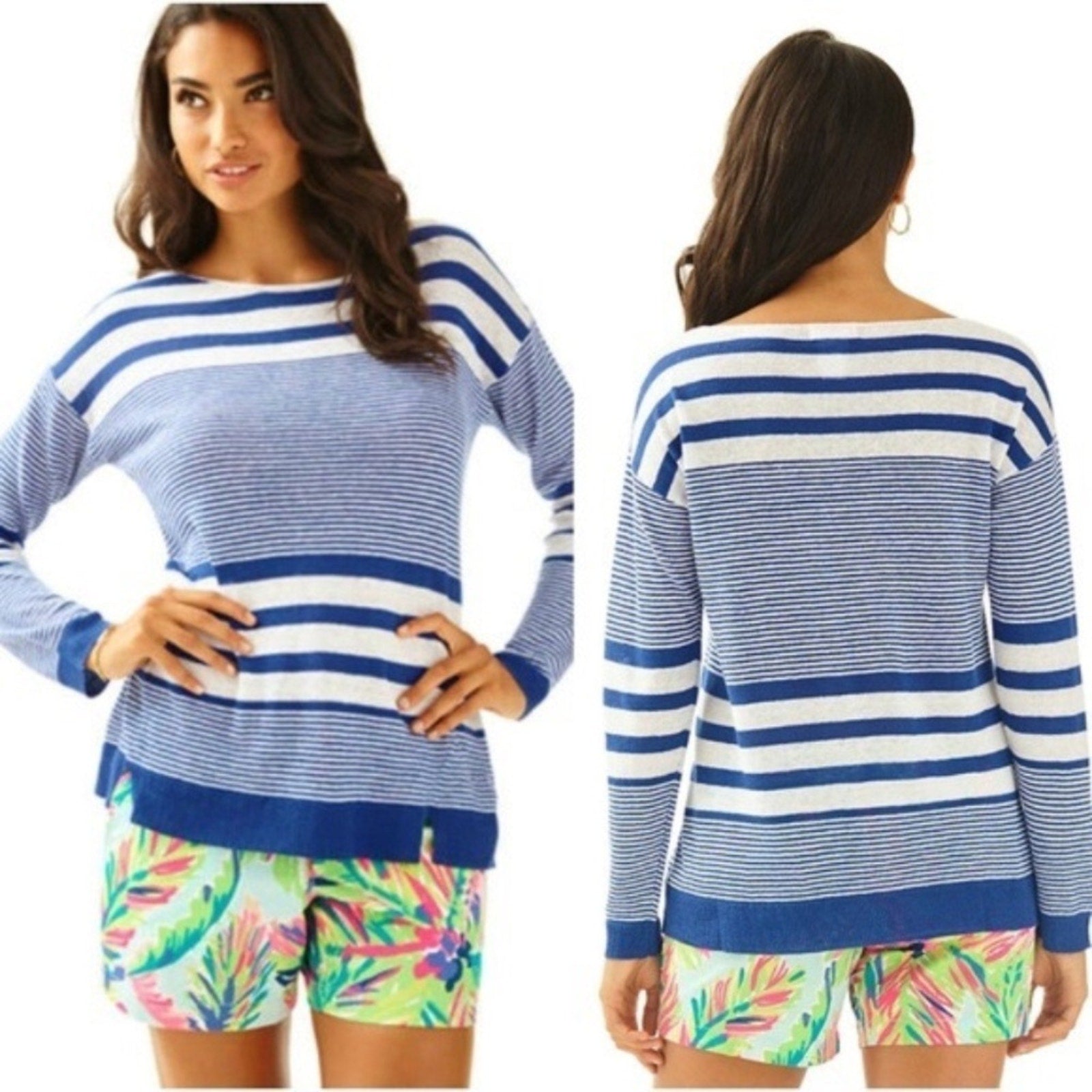 LILLY PULITZER | Camilla Linen Blue & White Striped Sweater - size XL