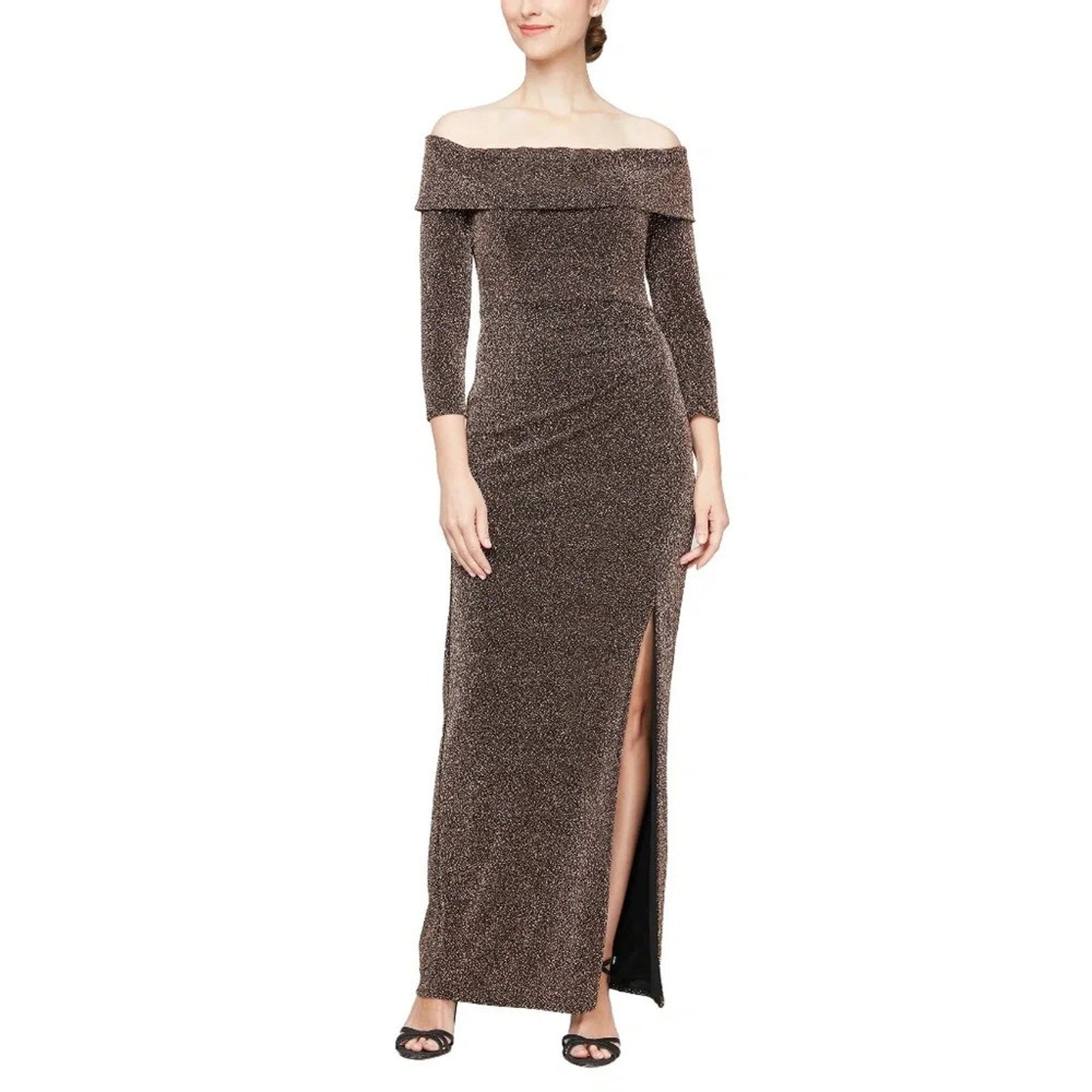 NWT Alex Evenings Metallic Off the Shoulder Knit Sheath Gown - size 8