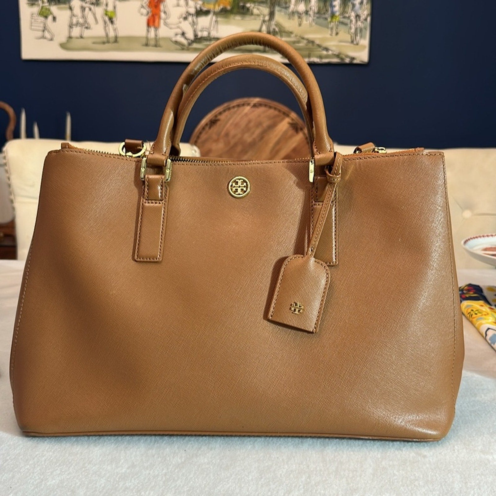 Tory Burch Saffiano Leather Top Handle Bag in caramel