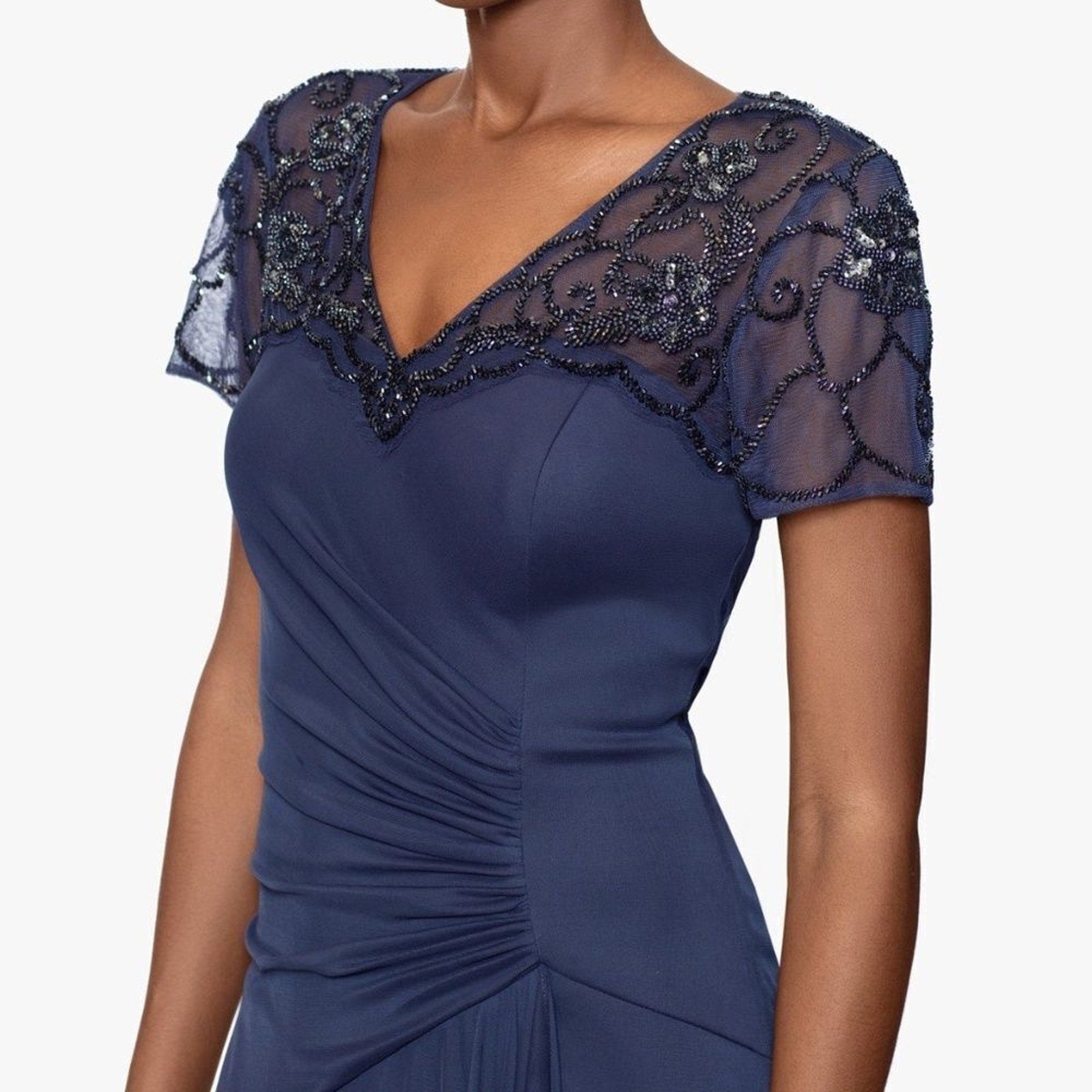 NWT Xscape "CARMEN" LONG SHEER MATTE JERSEY BEADED SHORT SLEEVE DRESS - size 10