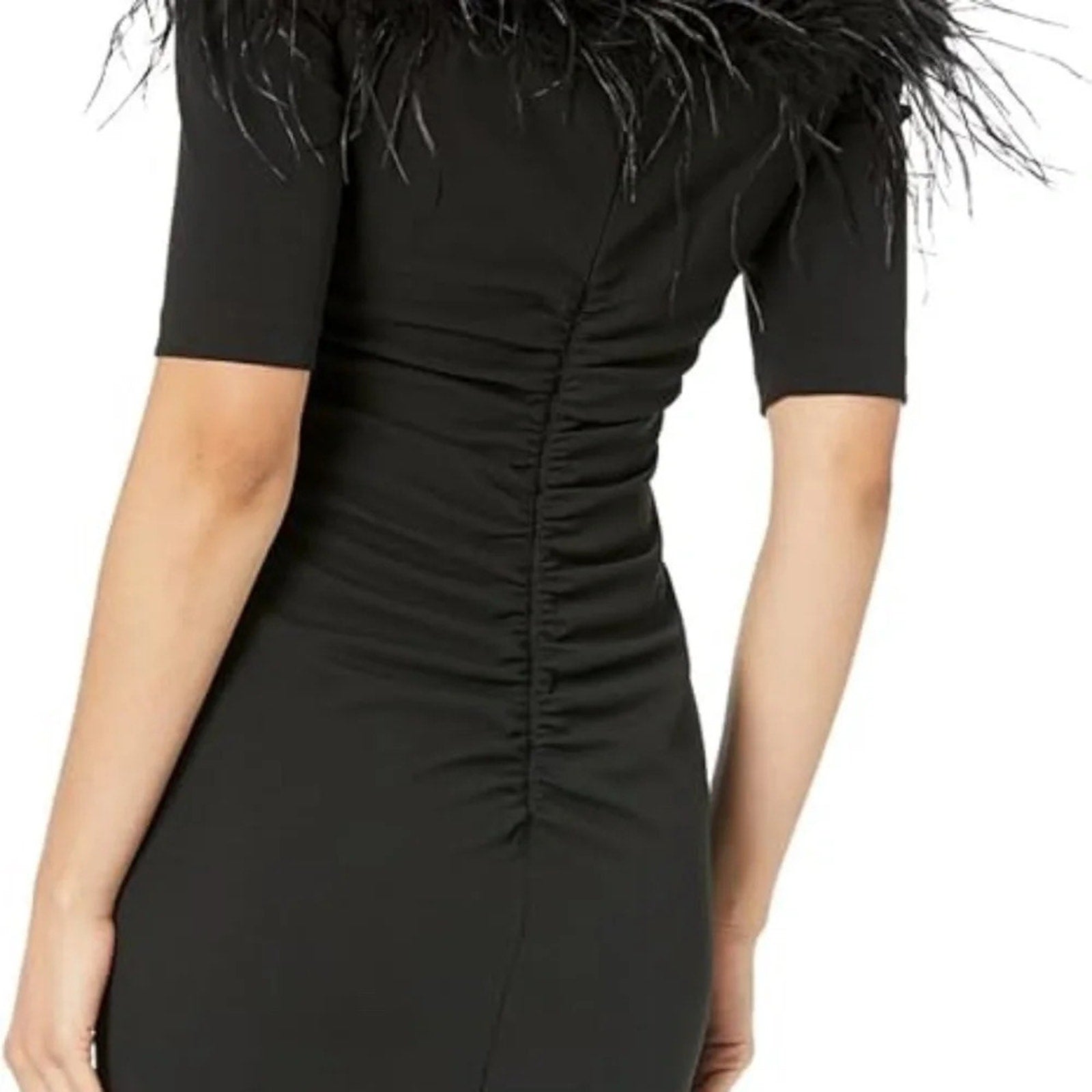 NWT XSCAPE Black Feather Trim Off the Shoulder Elbow Sleeve Velvet Sheath Dress