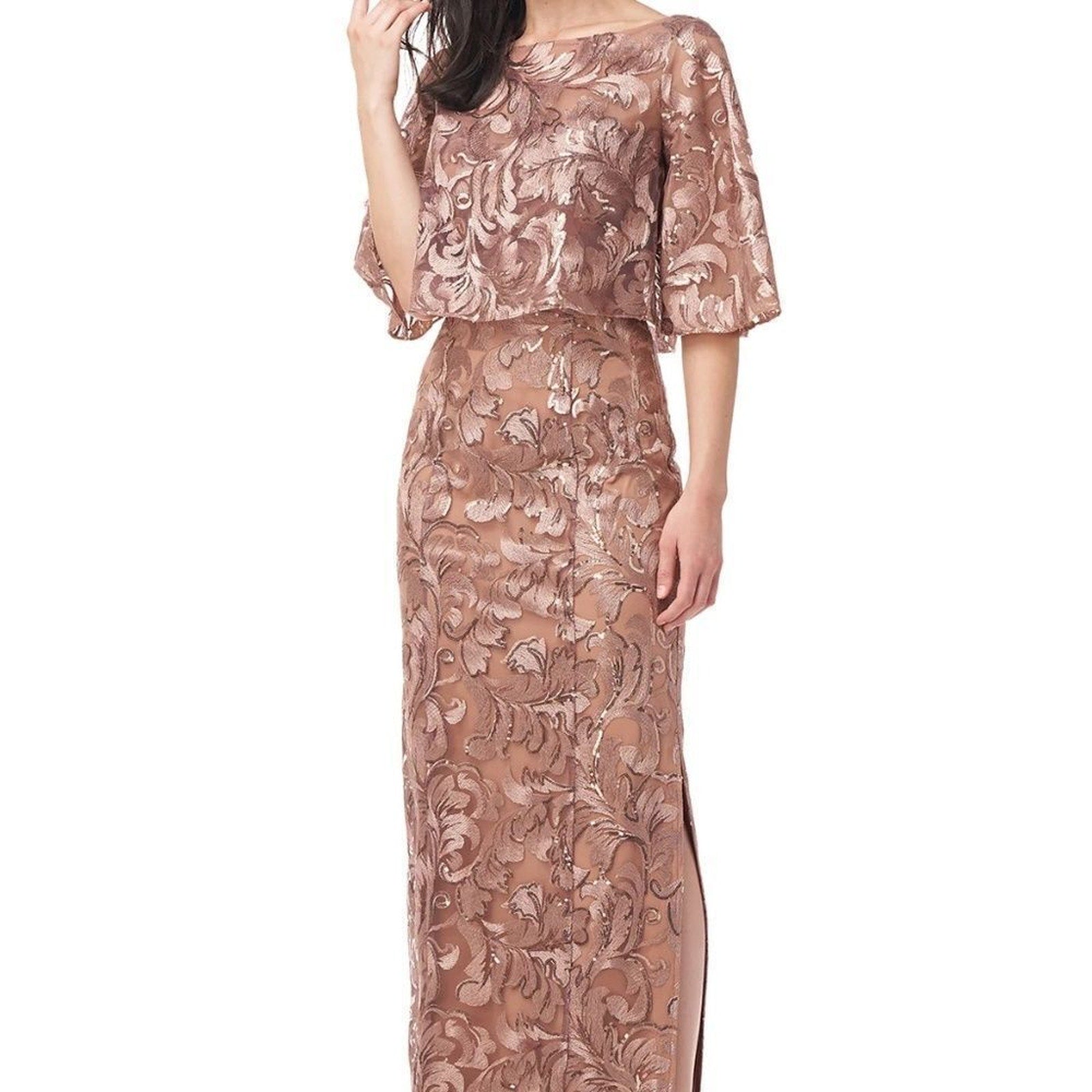 NWT JS Collections Evalina Column Gown Boat Neck in Mink / Champagne - size 4