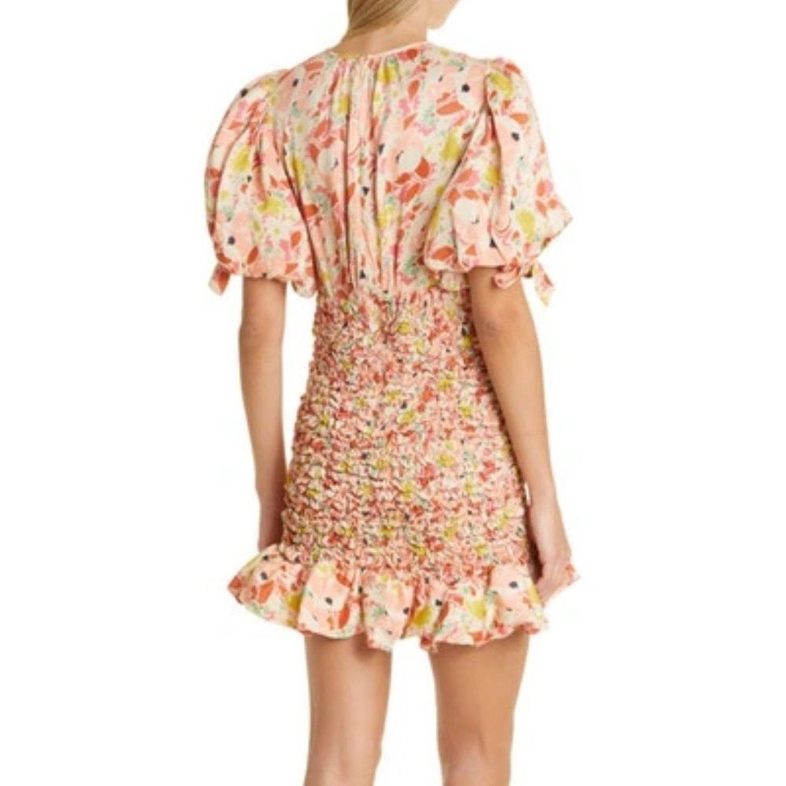 NEW BYTIMO Shirred floral-print satin-crepe mini dress - size XS