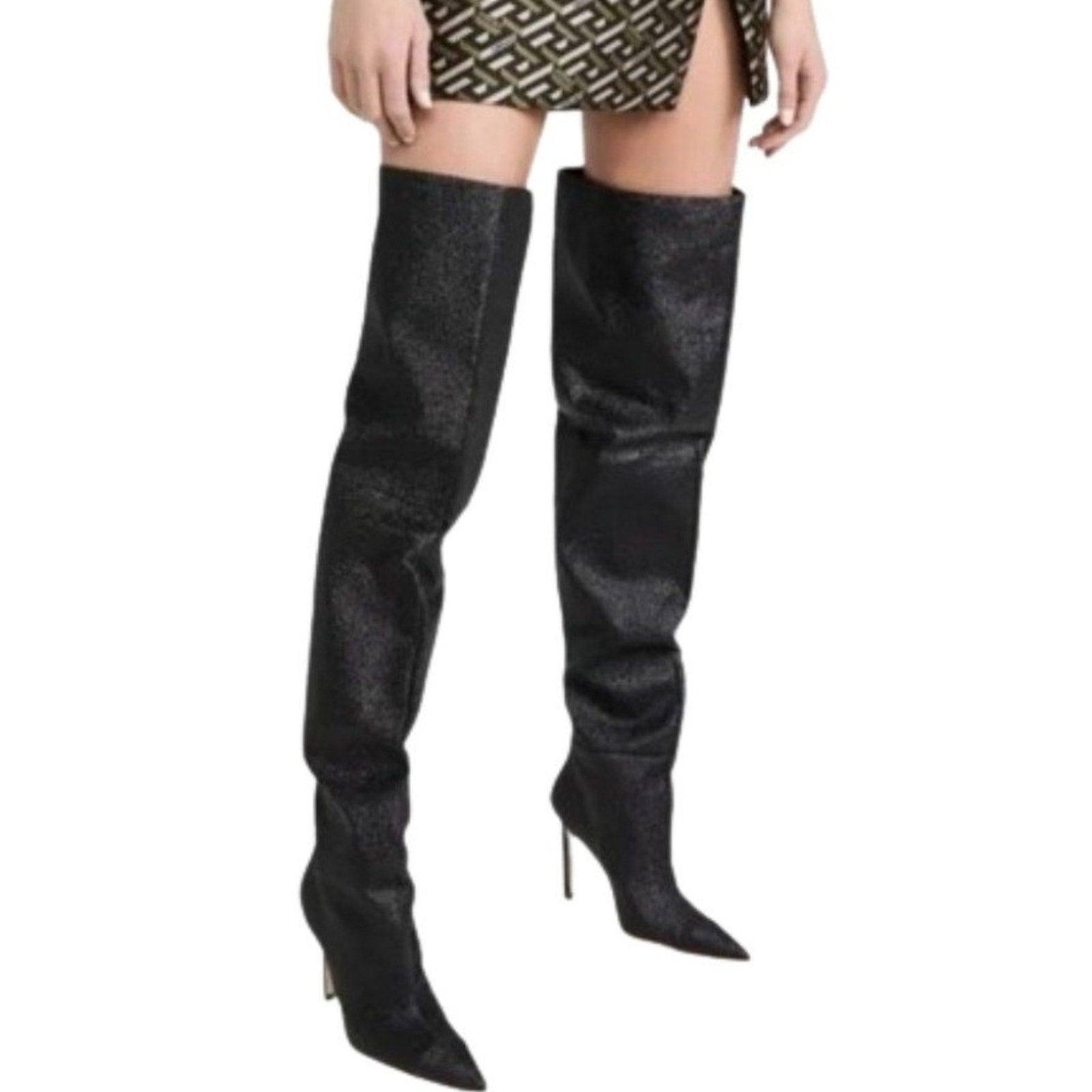 NEW Good American Boots Women Sz 5 Black Glitter Thigh Kardashian GA173G-X $349