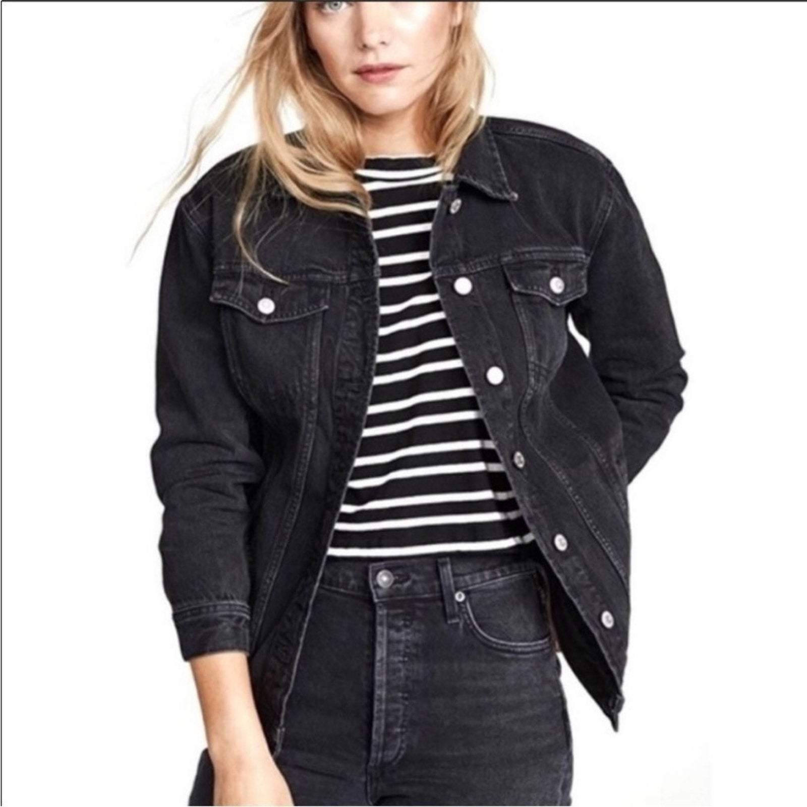 Madewell The Oversized Denim Jean Button Up Jacket Collared Black Size S G7501
