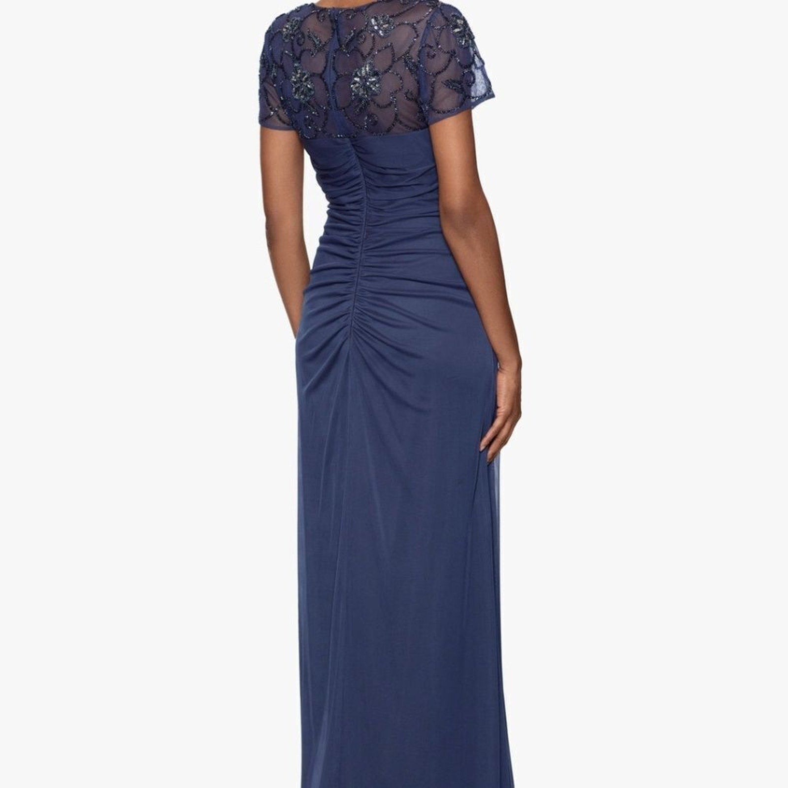 NWT Xscape "CARMEN" LONG SHEER MATTE JERSEY BEADED SHORT SLEEVE DRESS - size 10