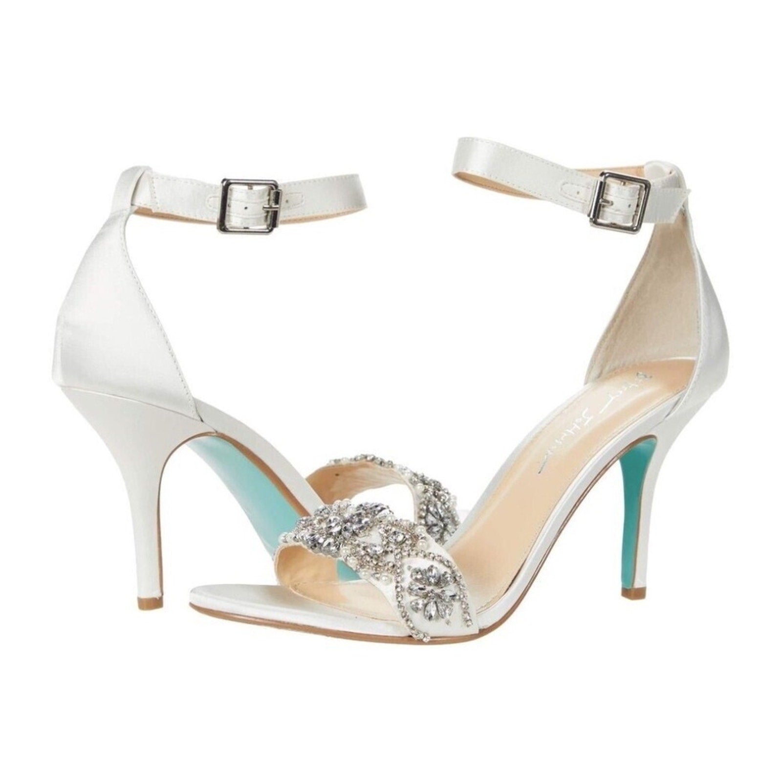 NEW Betsey Johnson Gina Jeweled Ankle Strap Dress Sandals Silver Satin Stiletto - 7.5