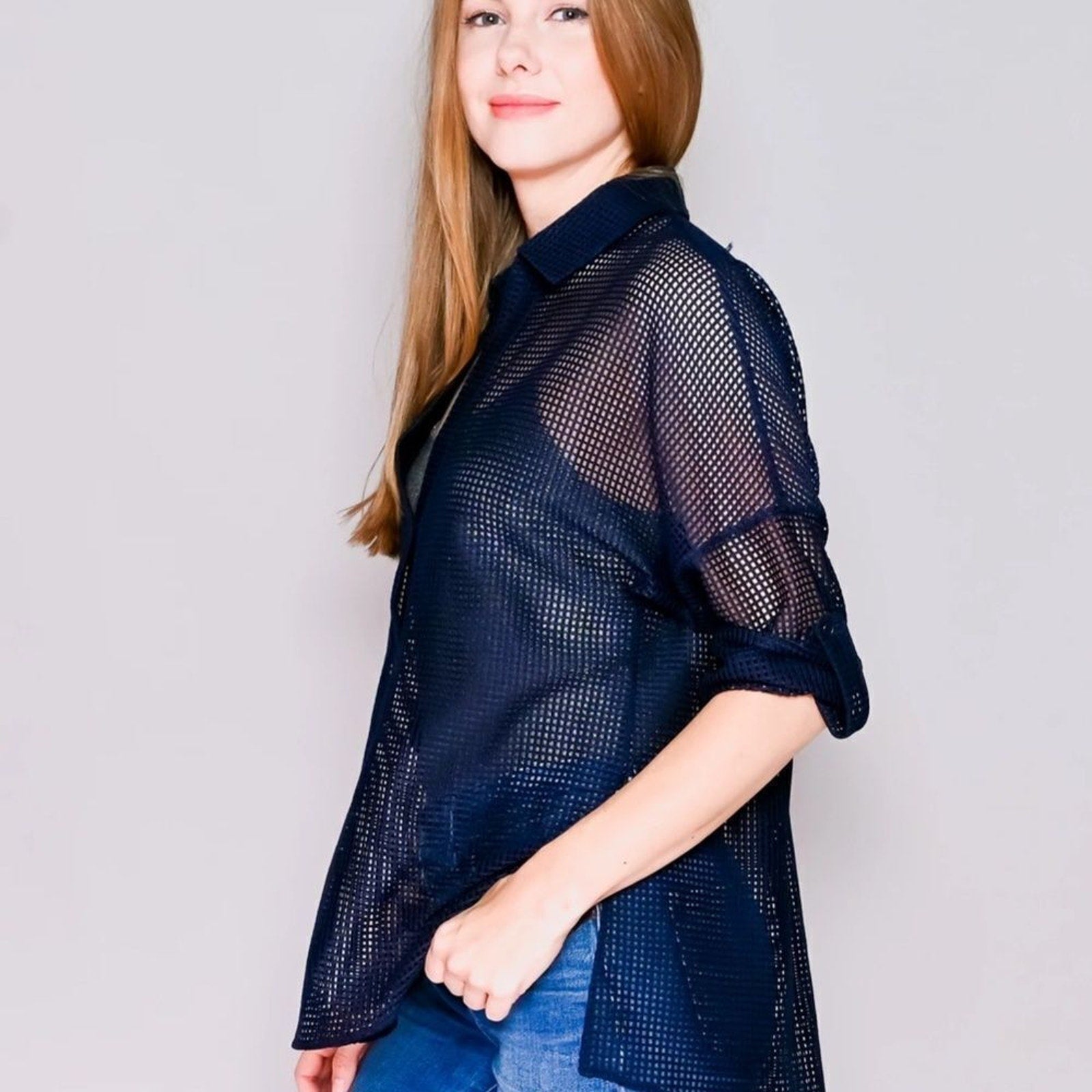 NWT AKRIS PUNTO Navy Blue Grid Mesh Blouse - size 10