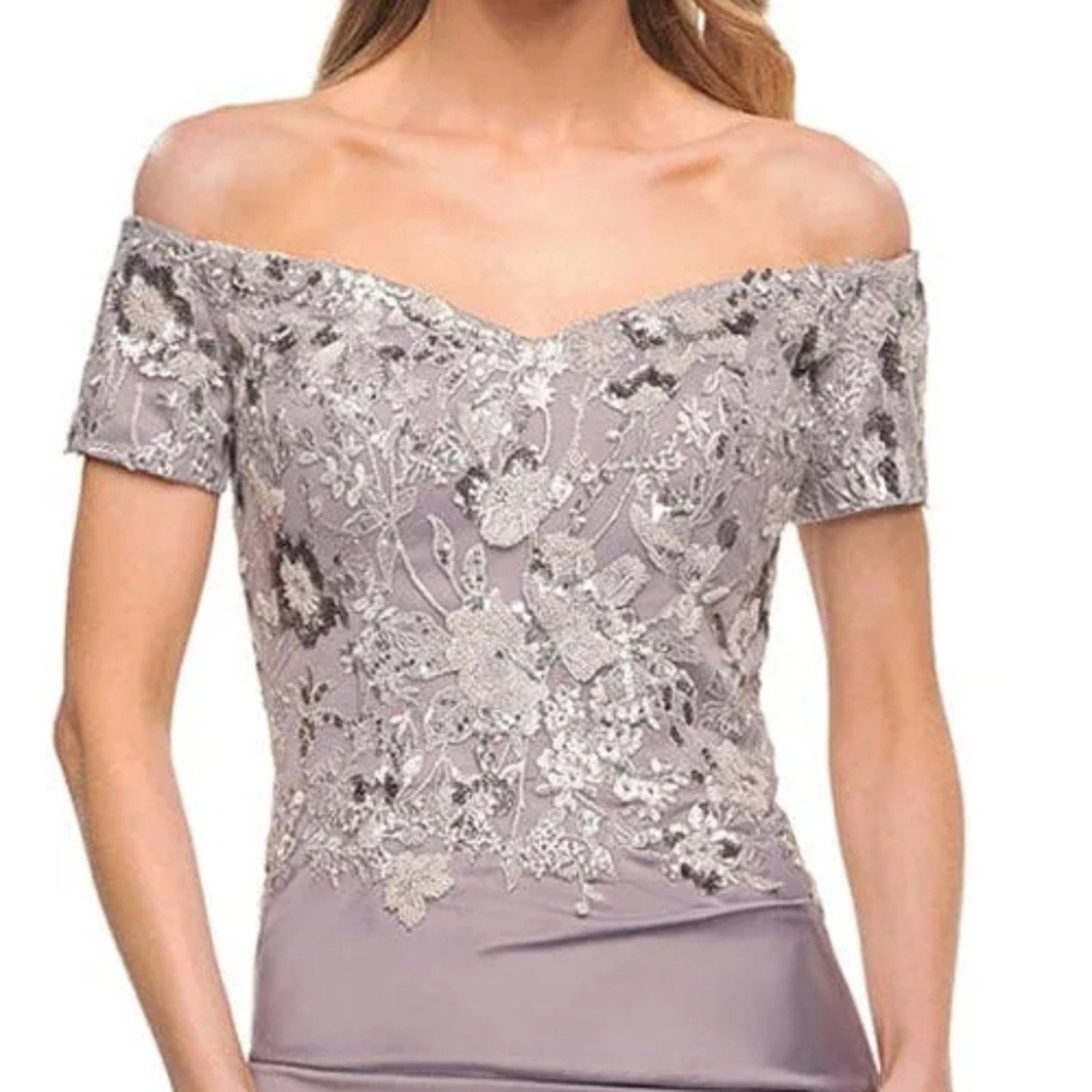 La Femme 30045 - Off-Shoulder Embroidered Gown in platinum - size 2
