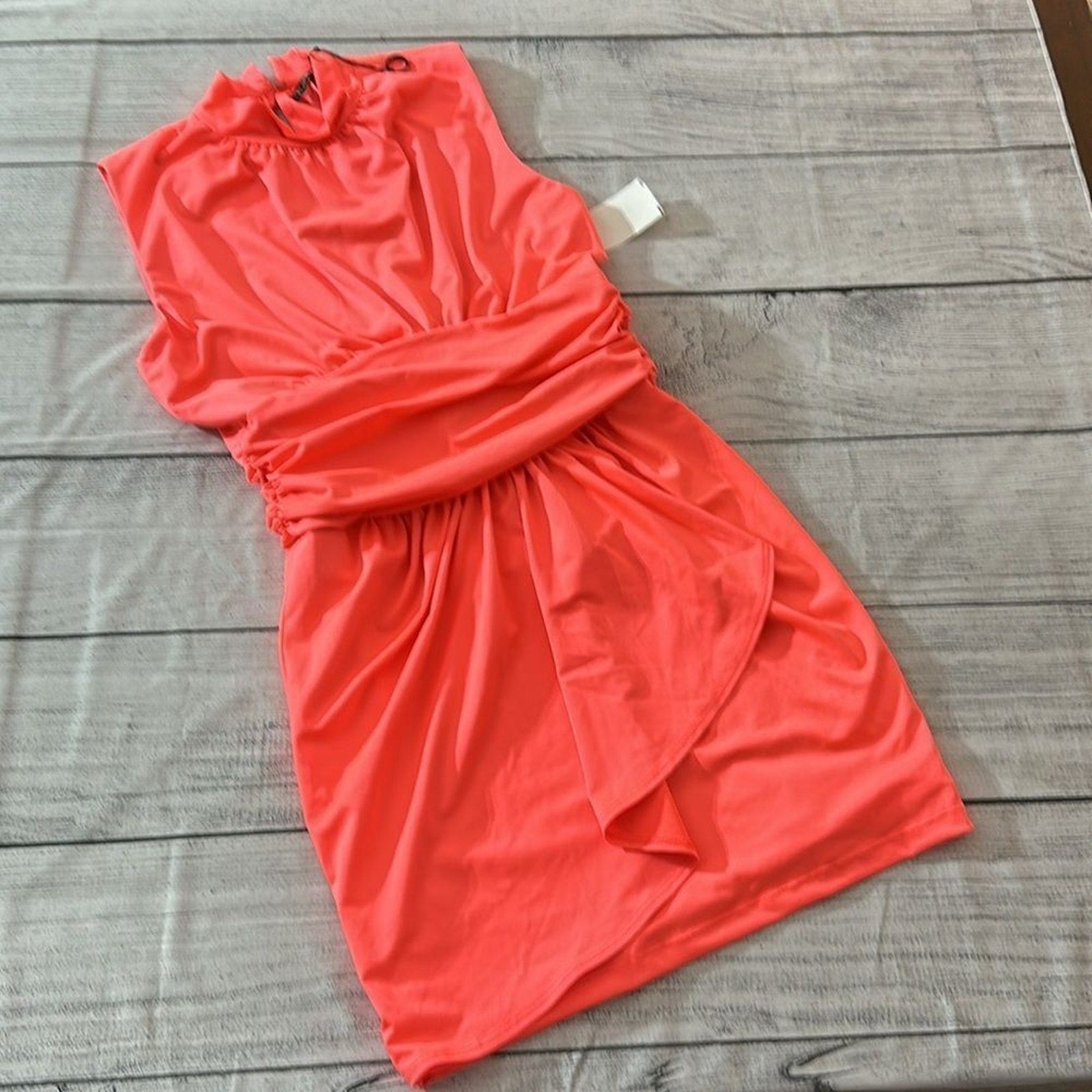 NEW Black Halo Women's Neon Salmon Orange Haiku Ruched Knit Mini Dress - size 10