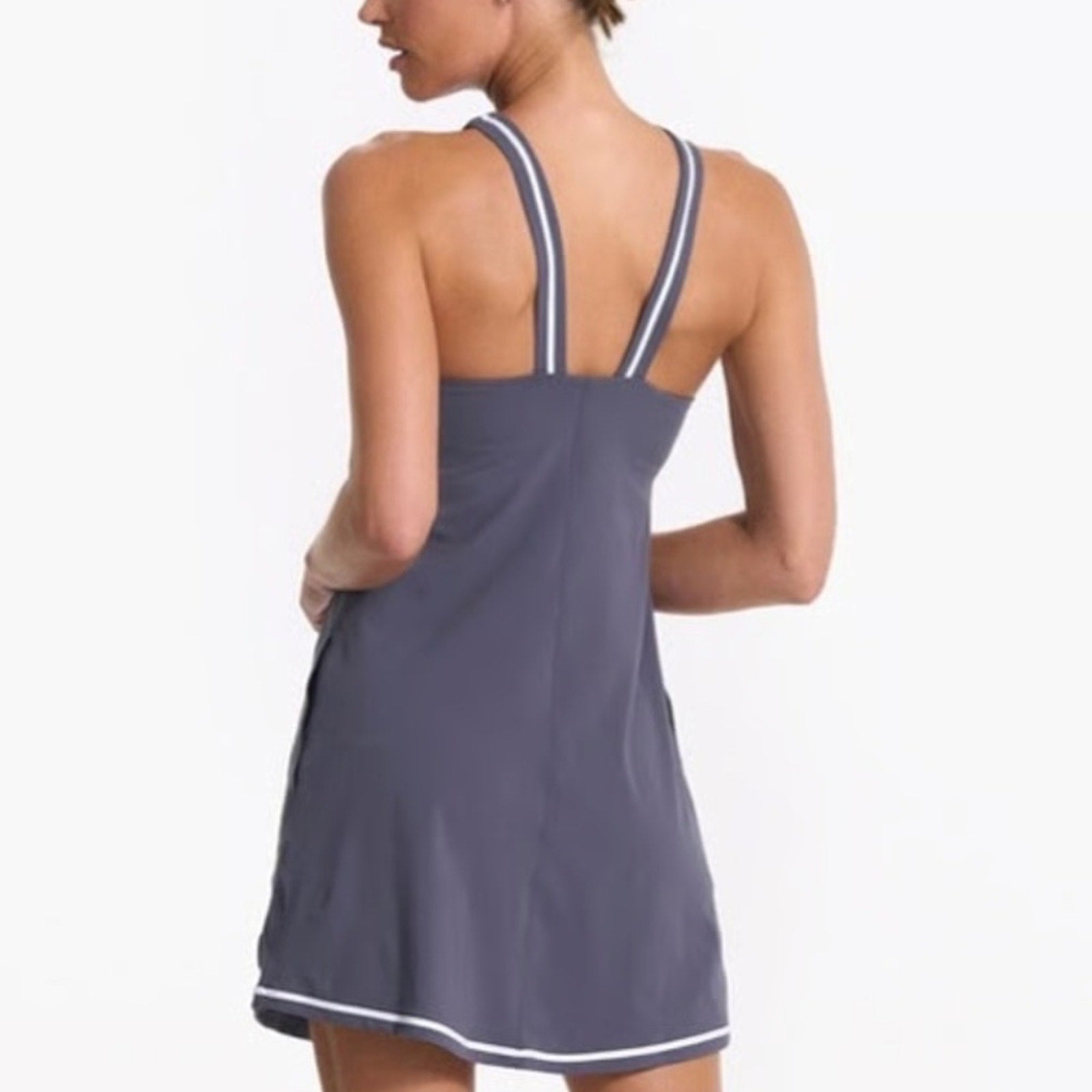 NEW Vuori Grey White Stripe Stretch Volley Athletic Mini Tennis Dress - size L