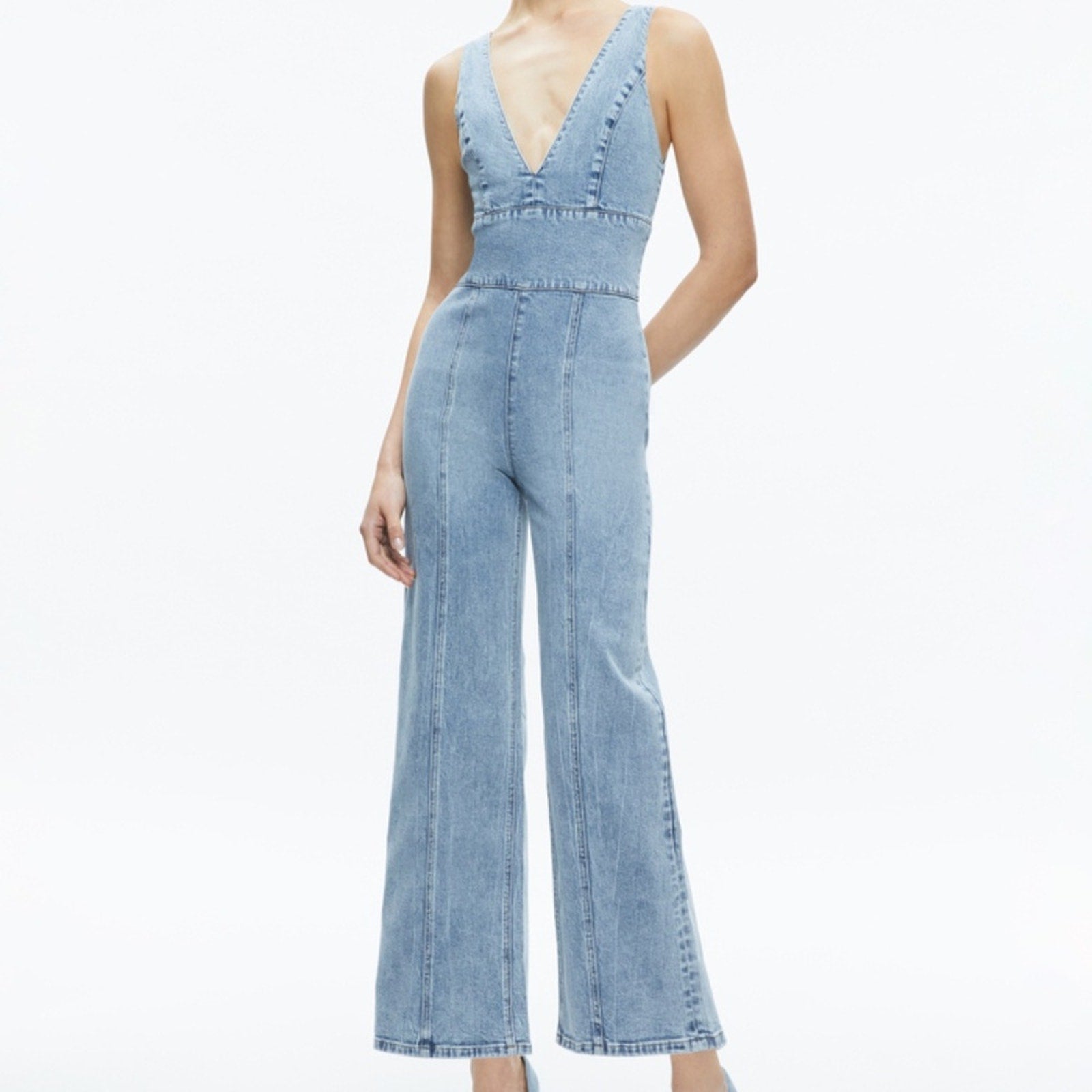 Alice + Olivia SANDRA DEEP V NECK JUMPSUIT in SULLIVAN VINTAGE BLUE - size 30