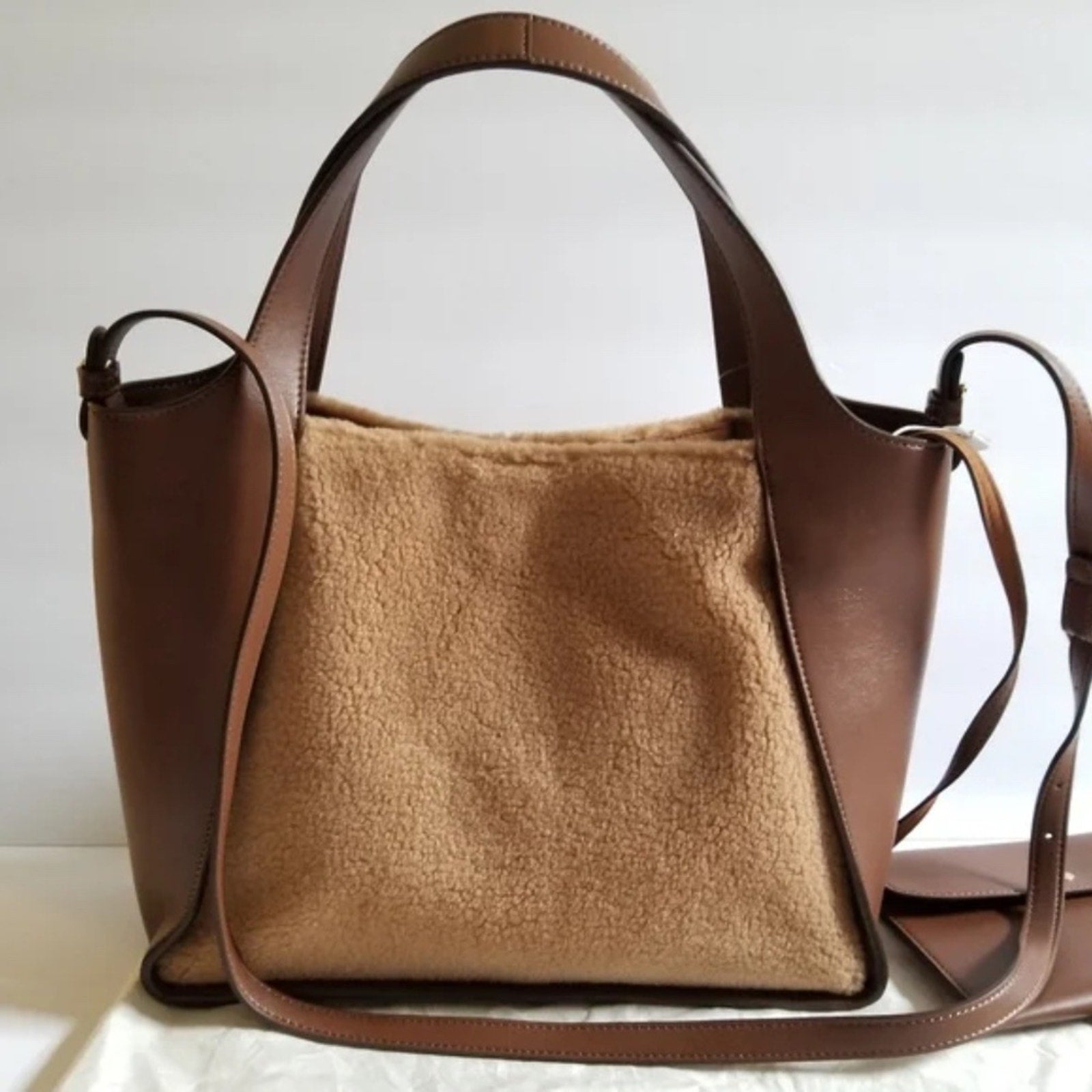 Stella McCartney Teddy Logo Tote Crossbody Bag Brown Biscuit