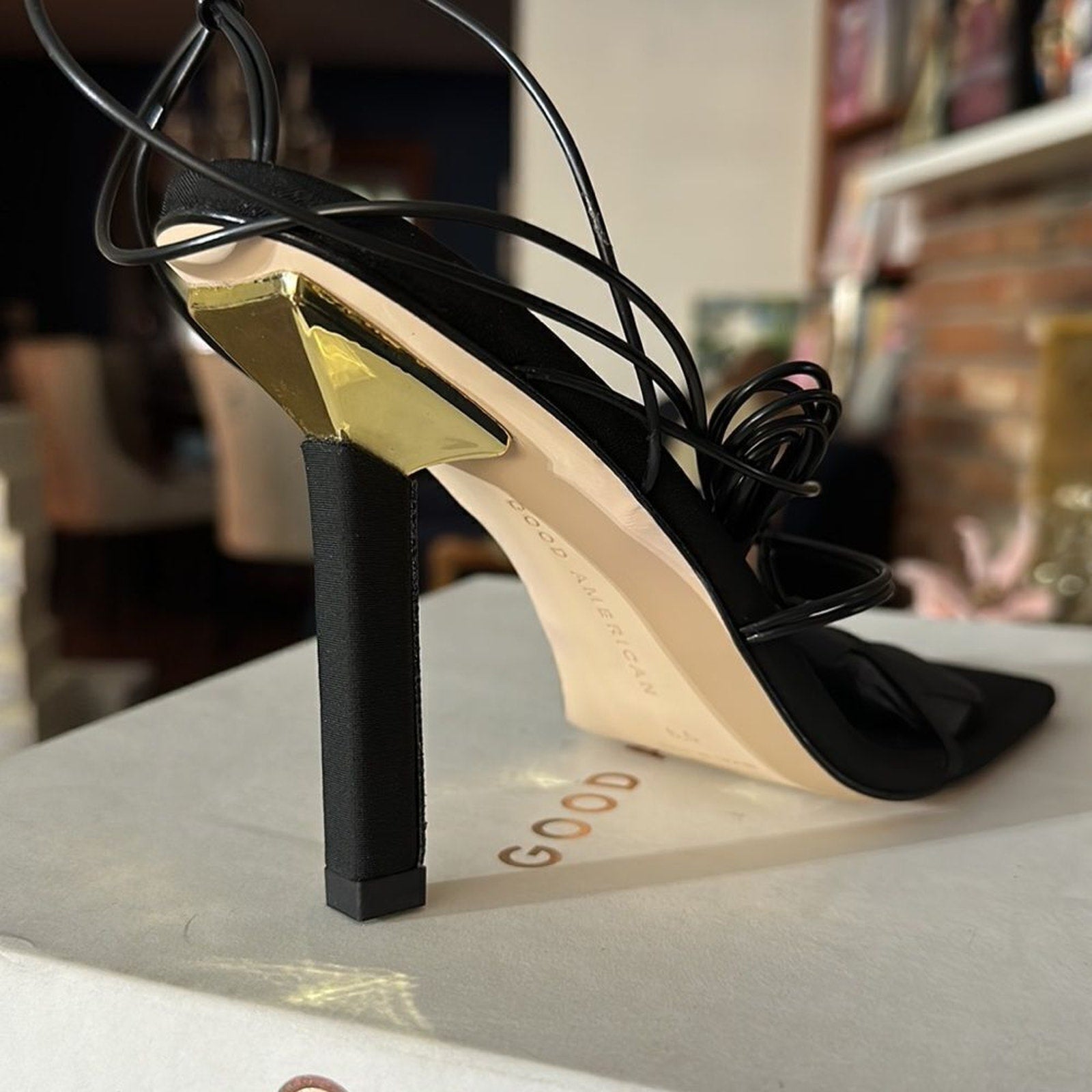 NEW Good American Cage Slanted Sandals Neoprene Black Lace Up Heel SIZE 6.5