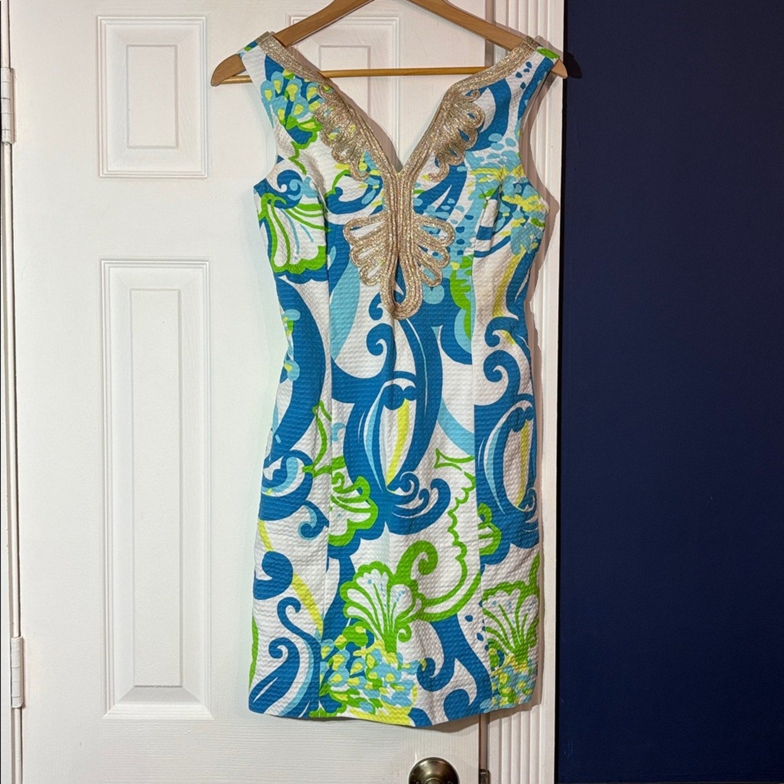 Lilly Pulitzer Janice Resort White Crystal Cost Shift Gold Soutache Dress - sz 2