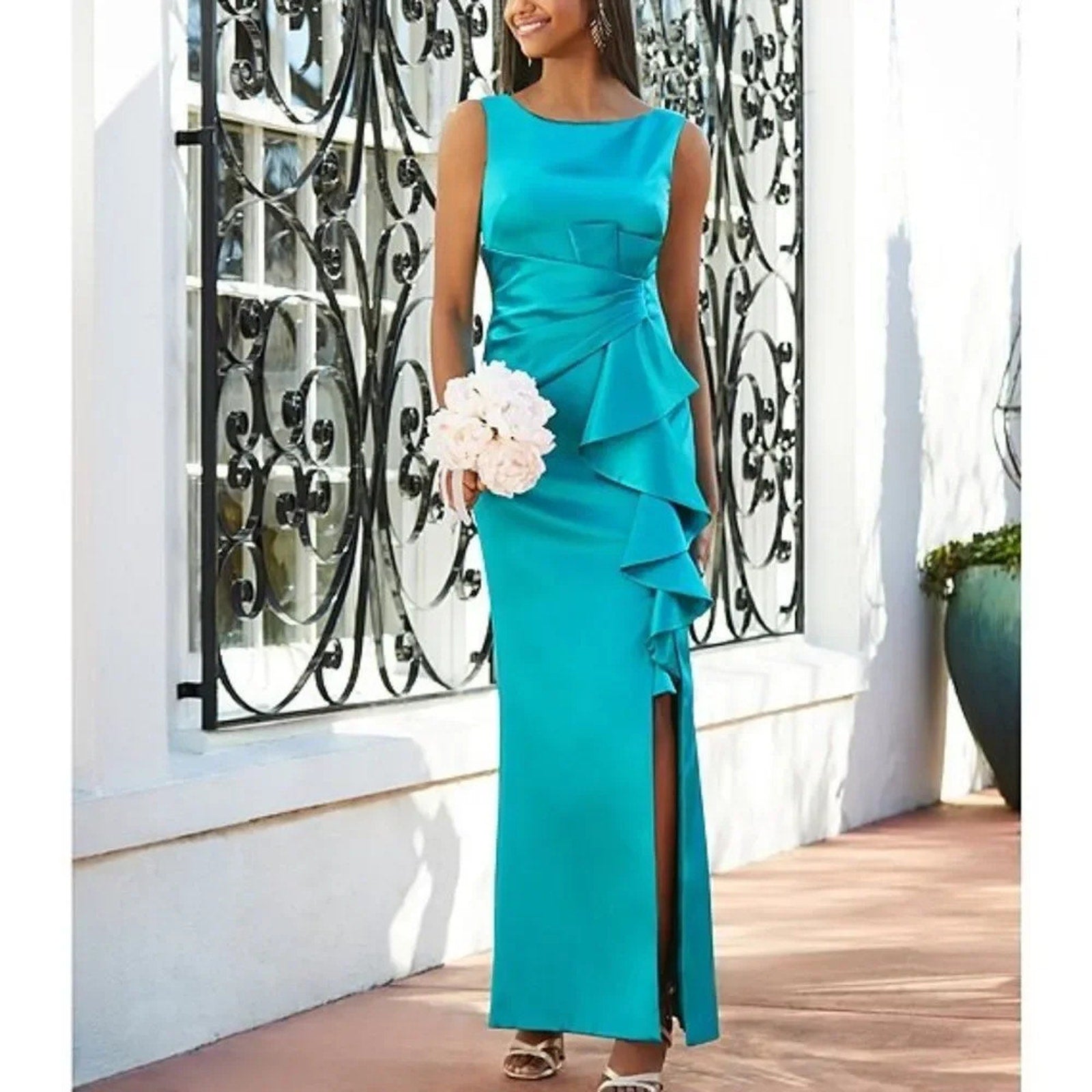 NWT Eliza J Stretch Satin Boat Neck Sleeveless Cascading Ruffle Side Slit Gown 8