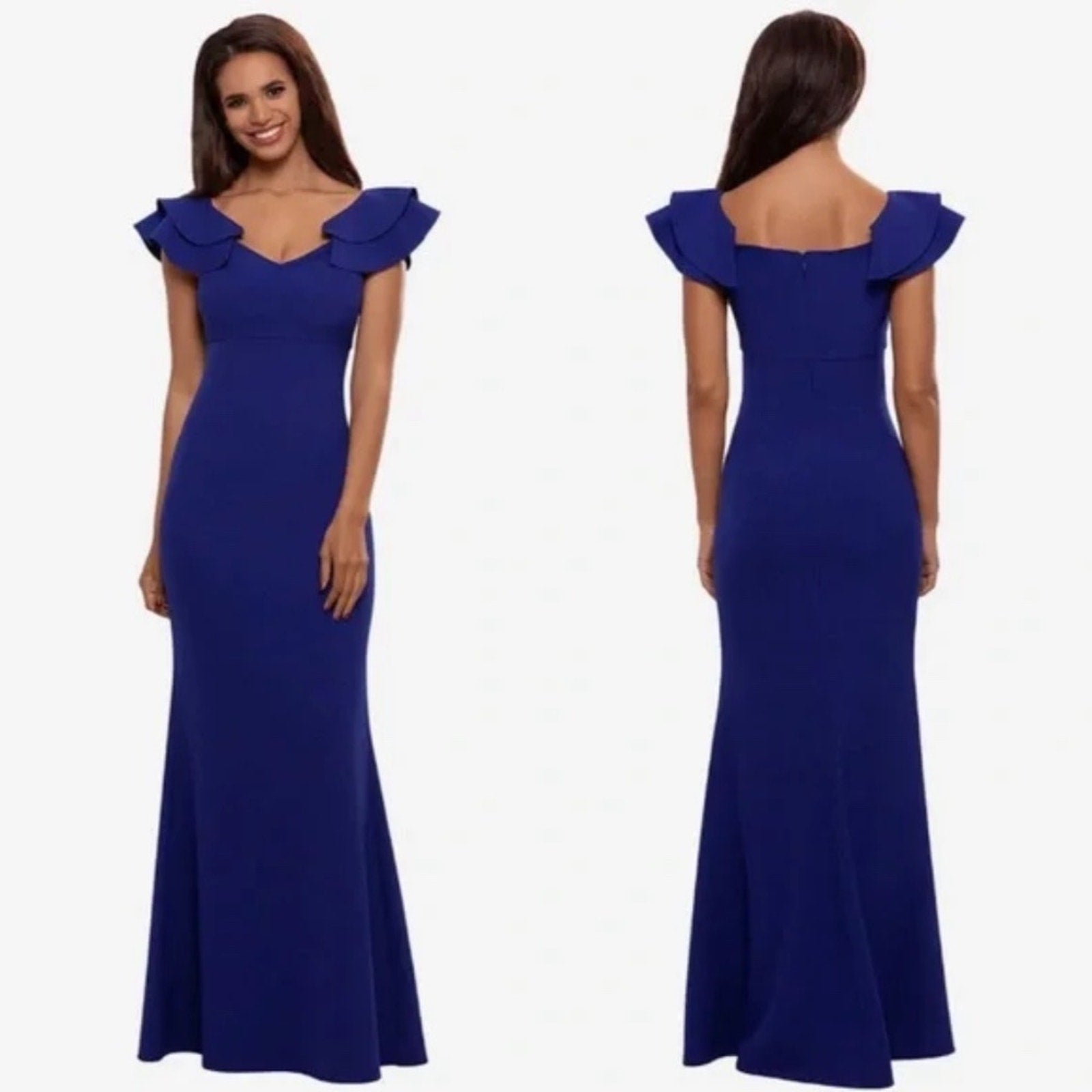 NWT Betsy & Adam Long Over-the-Shoulder Ruffles Gown size 8