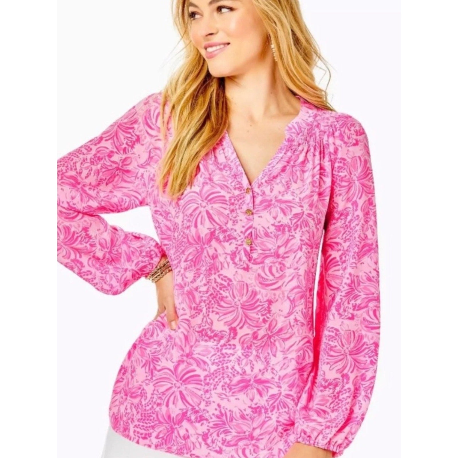 Lilly Pulitzer Elsa Silk Blouse in Pink Blossom Foxy Llama - M 🌟