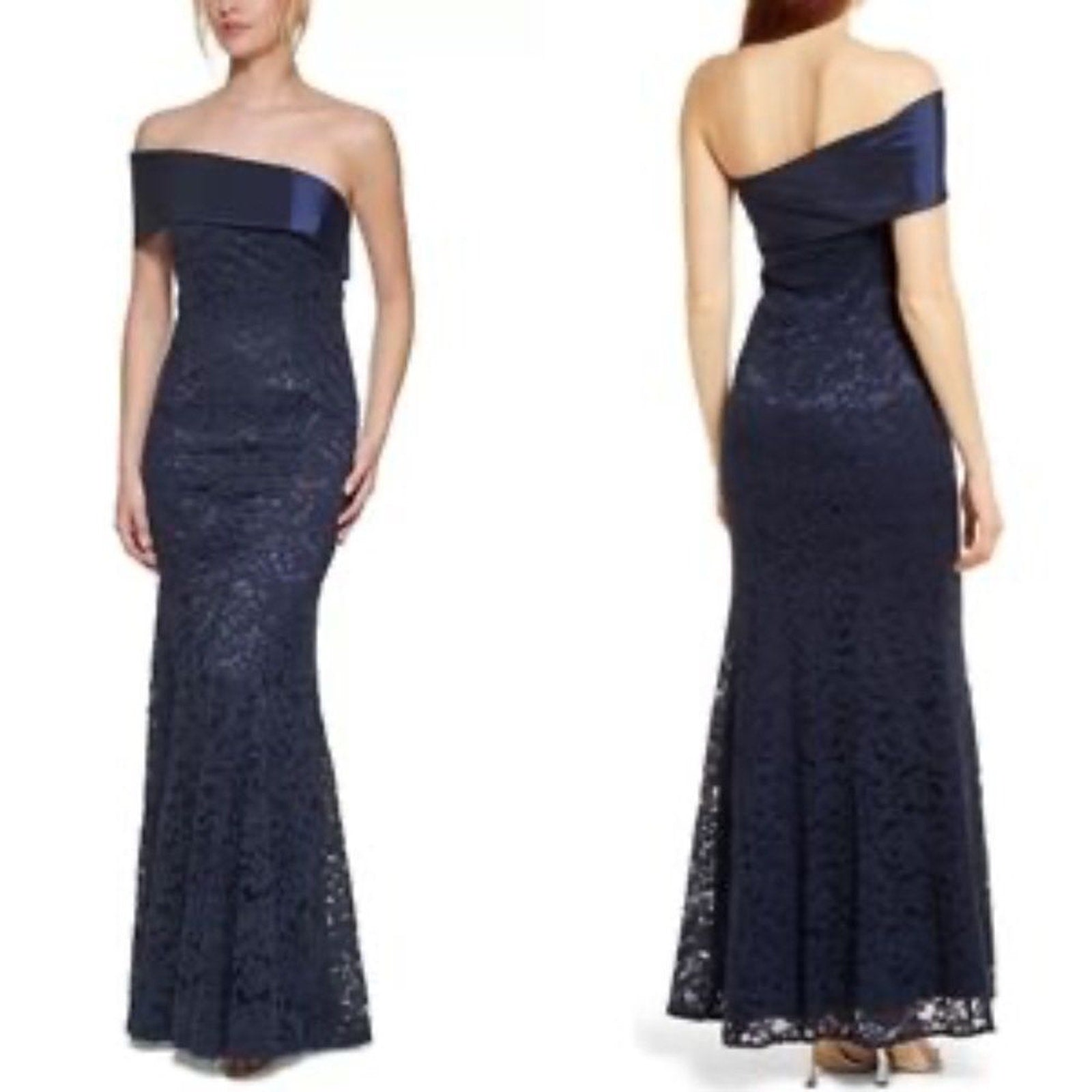 NWOT ELIZA J One Shoulder Satin Band Lace Overlay Mermaid Gown - size 14