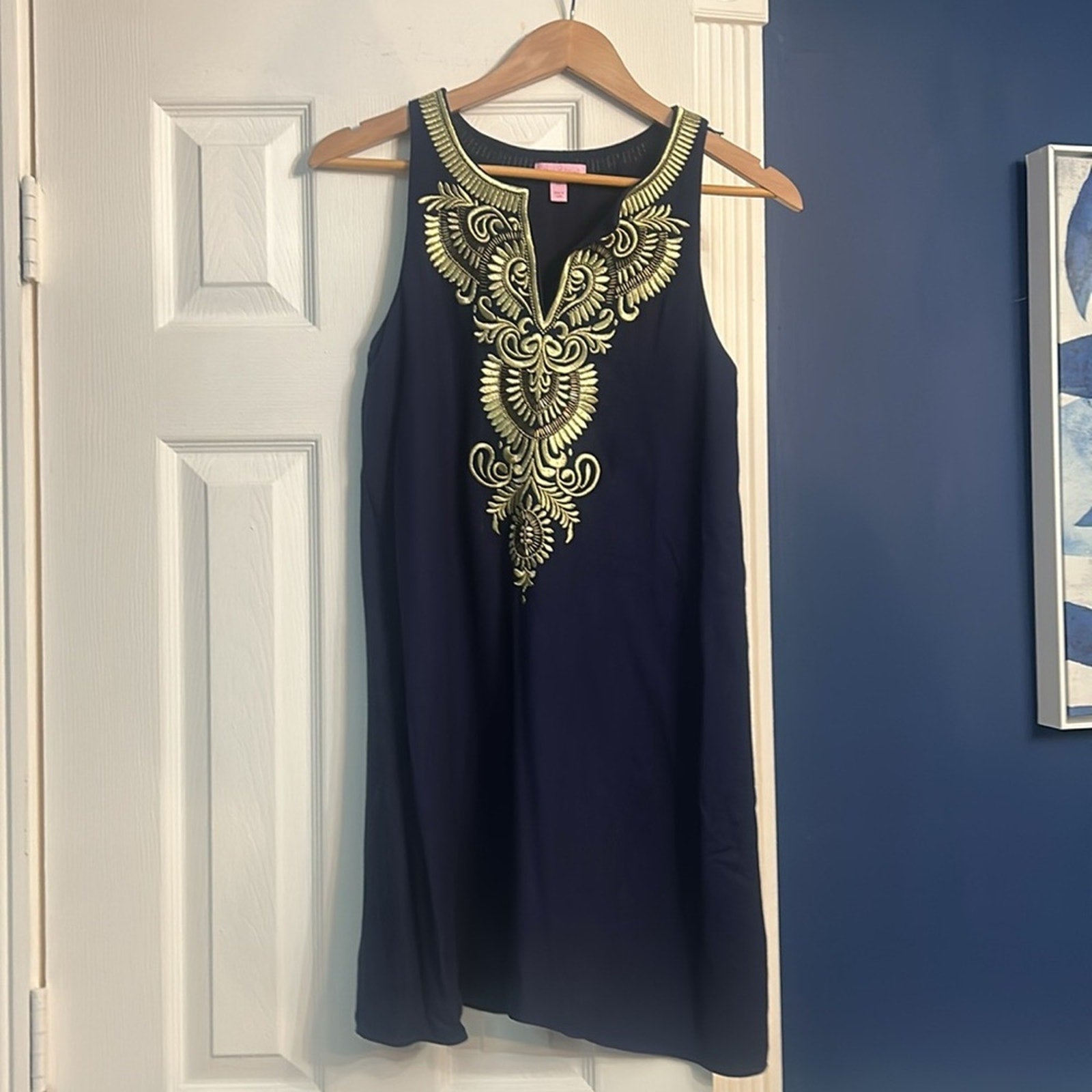 Lilly Pulitzer Aubra Embroidered Dress In Navy /Gold Sz XS